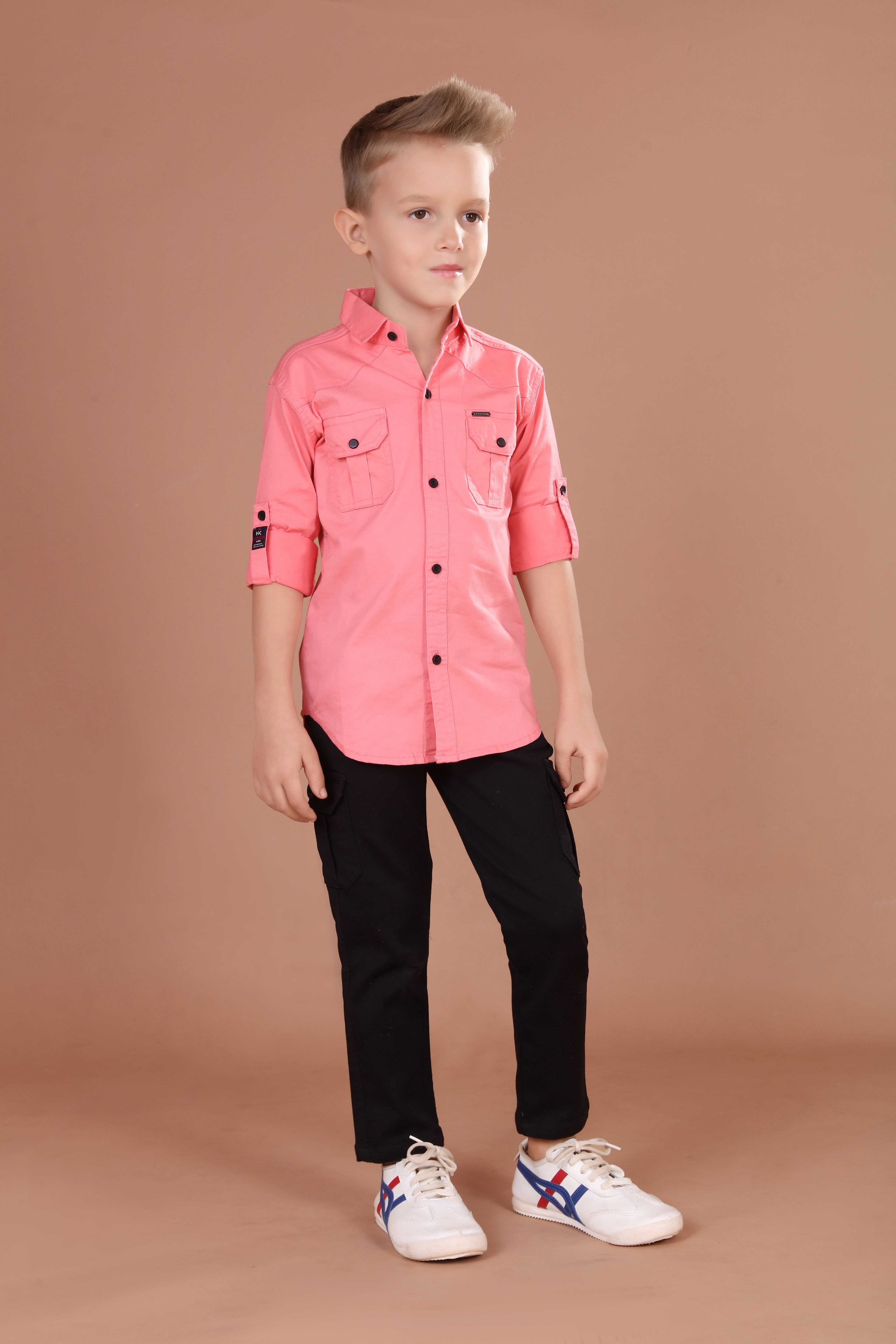 Havok kids Boys Solid Pink Cotton Casual Shirt | Double Pocket Button-Down with Roll-Up Sleeves | Smart Casual