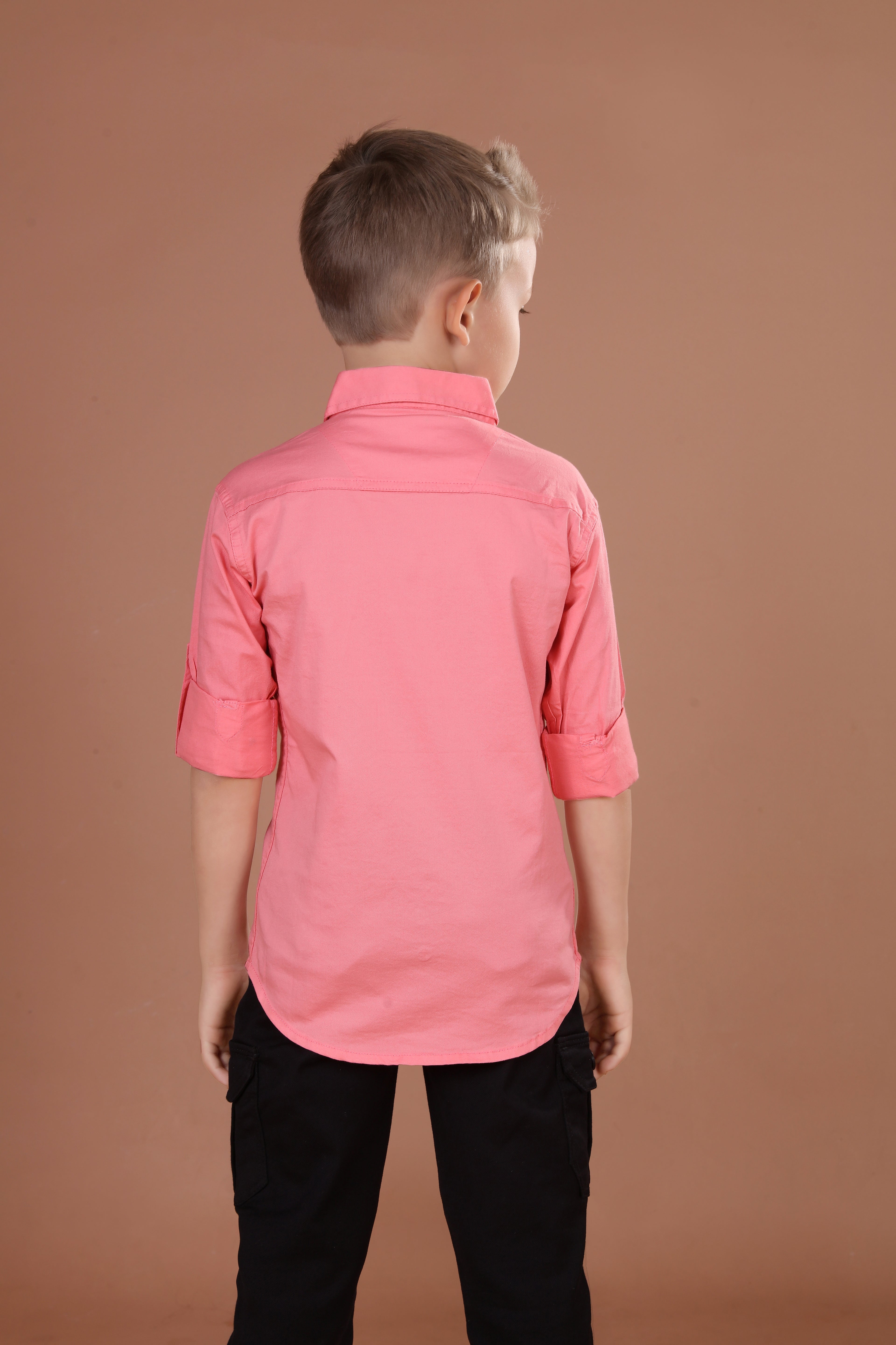 Havok kids Boys Solid Pink Cotton Casual Shirt | Double Pocket Button-Down with Roll-Up Sleeves | Smart Casual