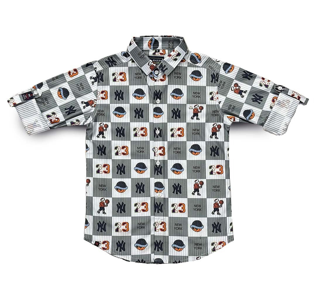 Havok kids | Boys Full Sleeve Button-Down Shirt | Grey Checkered with NY & Basketball Graphics
