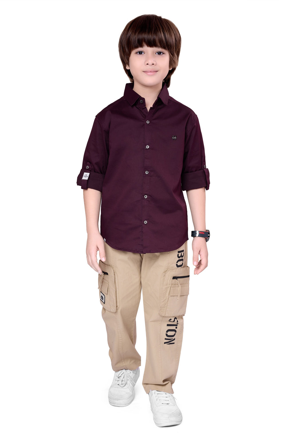 Havok Boys Solid Maroon 50% Polycotton Casual Shirt | Full Sleeve Roll-Up Style | Regular Fit Stylish Party Shirt for Kids Havok kids