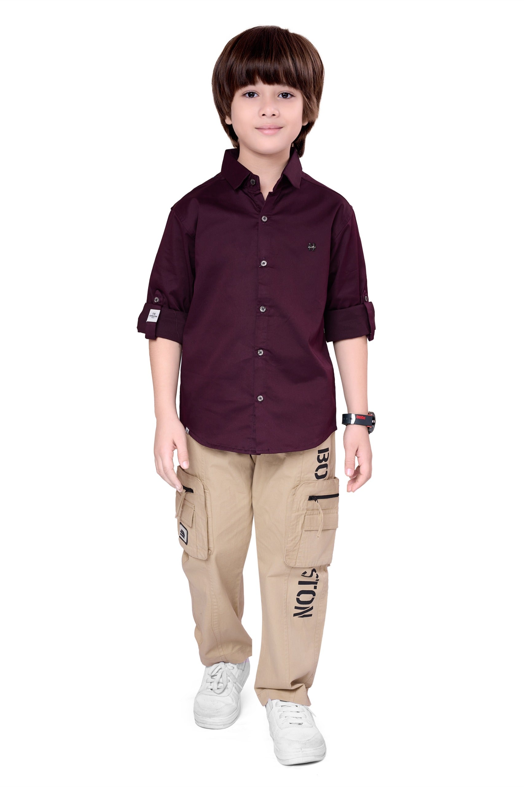 Havok Boys Solid Maroon 50% Polycotton Casual Shirt | Full Sleeve Roll-Up Style | Regular Fit Stylish Party Shirt for Kids Havok kids