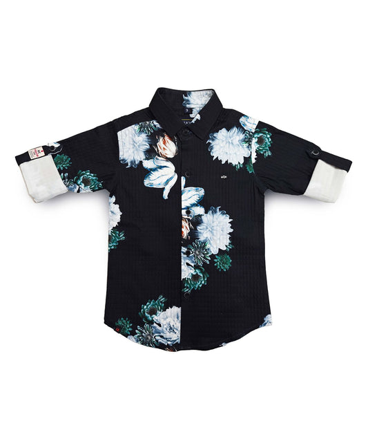 Black and White Floral Print Full Shirt for Boys, Button-Down Shirt, Boys Black and White Shirts, Casual Full Sleeve for Boy Shirts