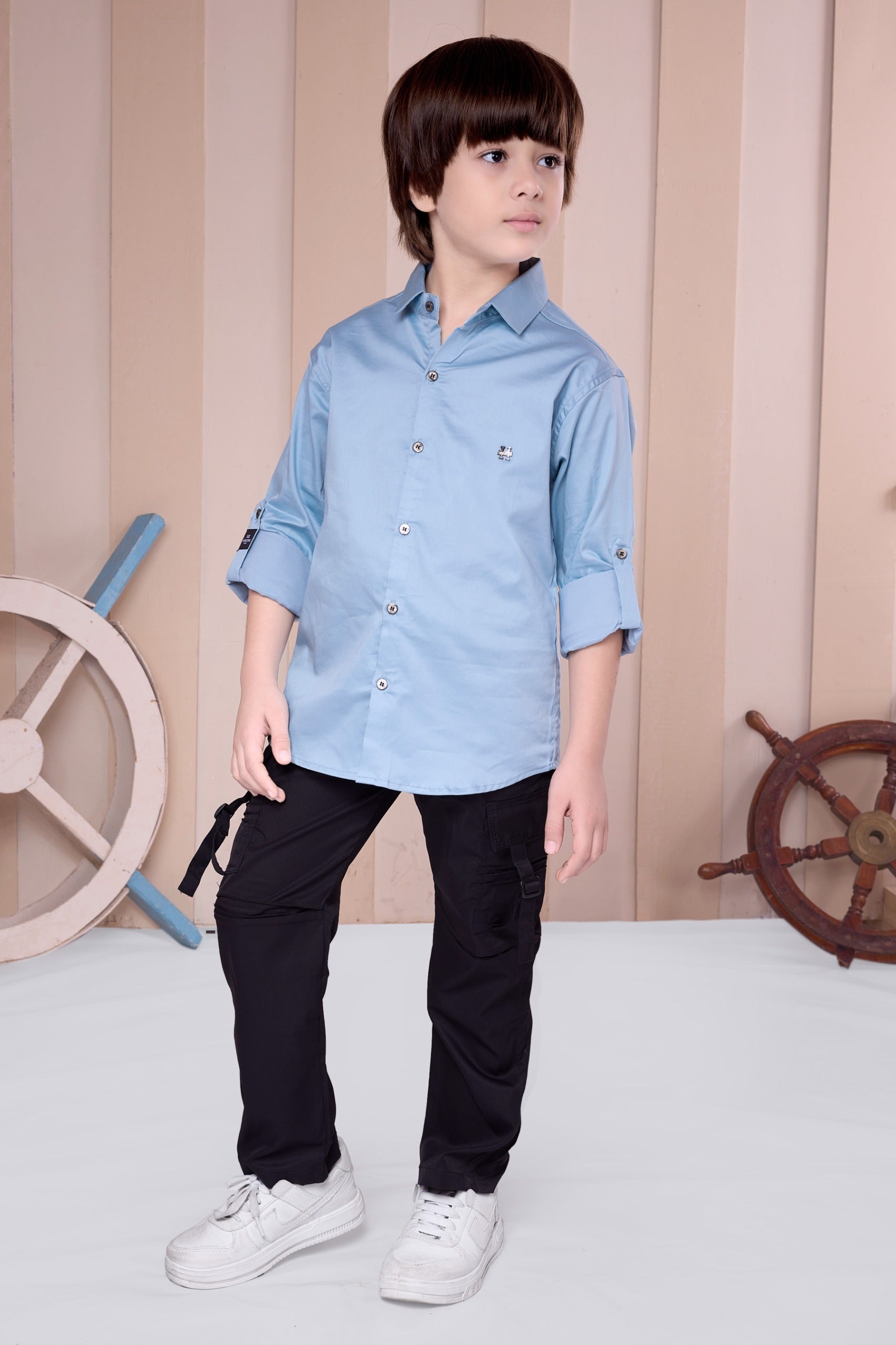 Havok Boys Solid Sky Blue 50% Polycotton Casual Shirt | Full Sleeve Roll-Up Style | Regular Fit Stylish Party Shirt for Kids Havok kids