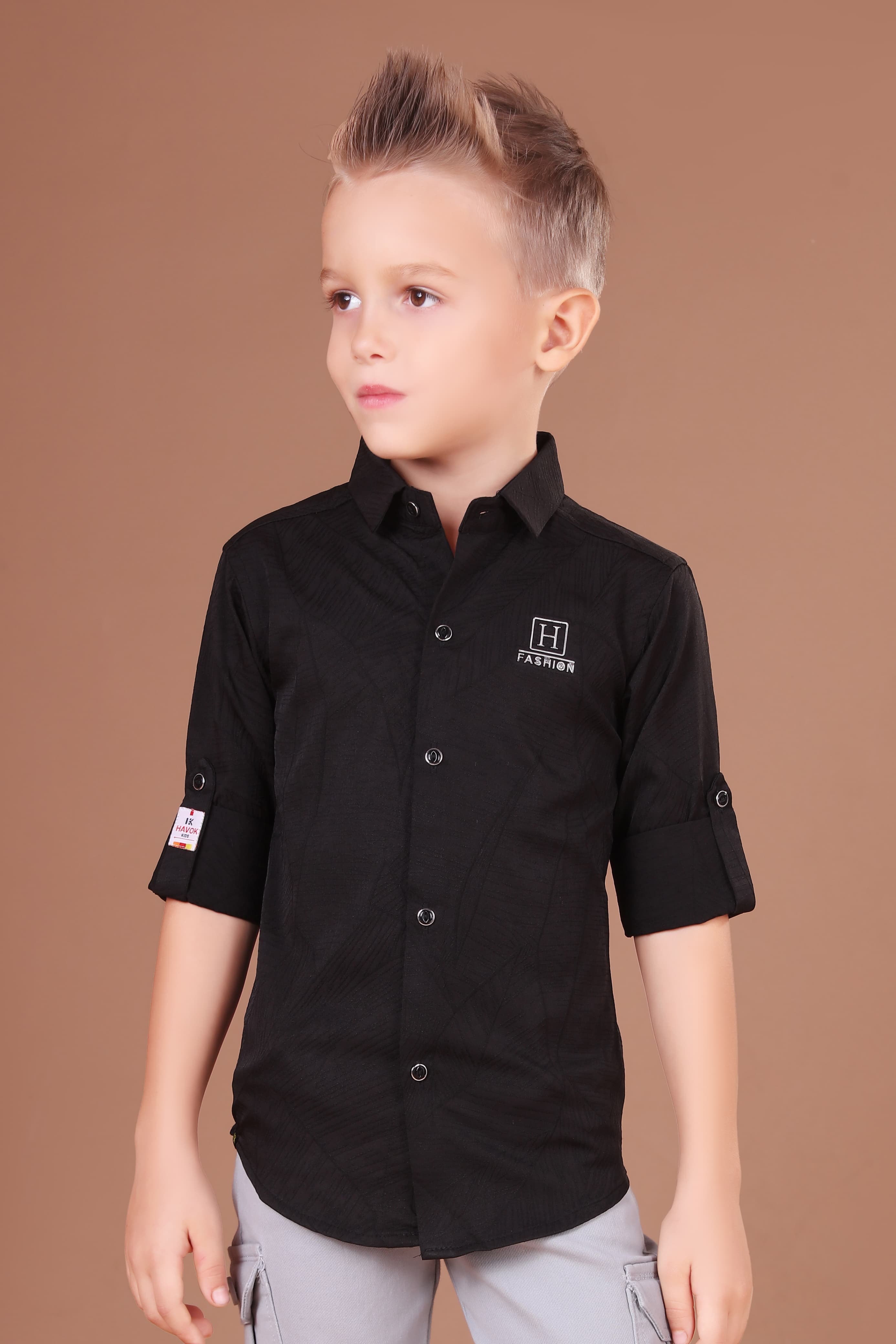 Havok Kids Boys H Logo Black Textured Cotton Roll-Up Sleeve Shirt