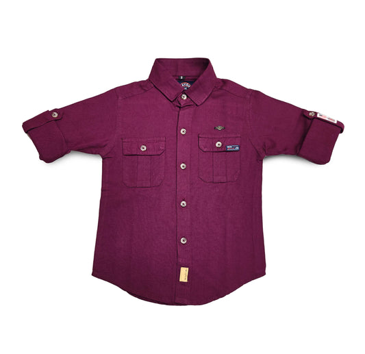 Boys Full Sleeve Maroon Dual Pocket Shirt