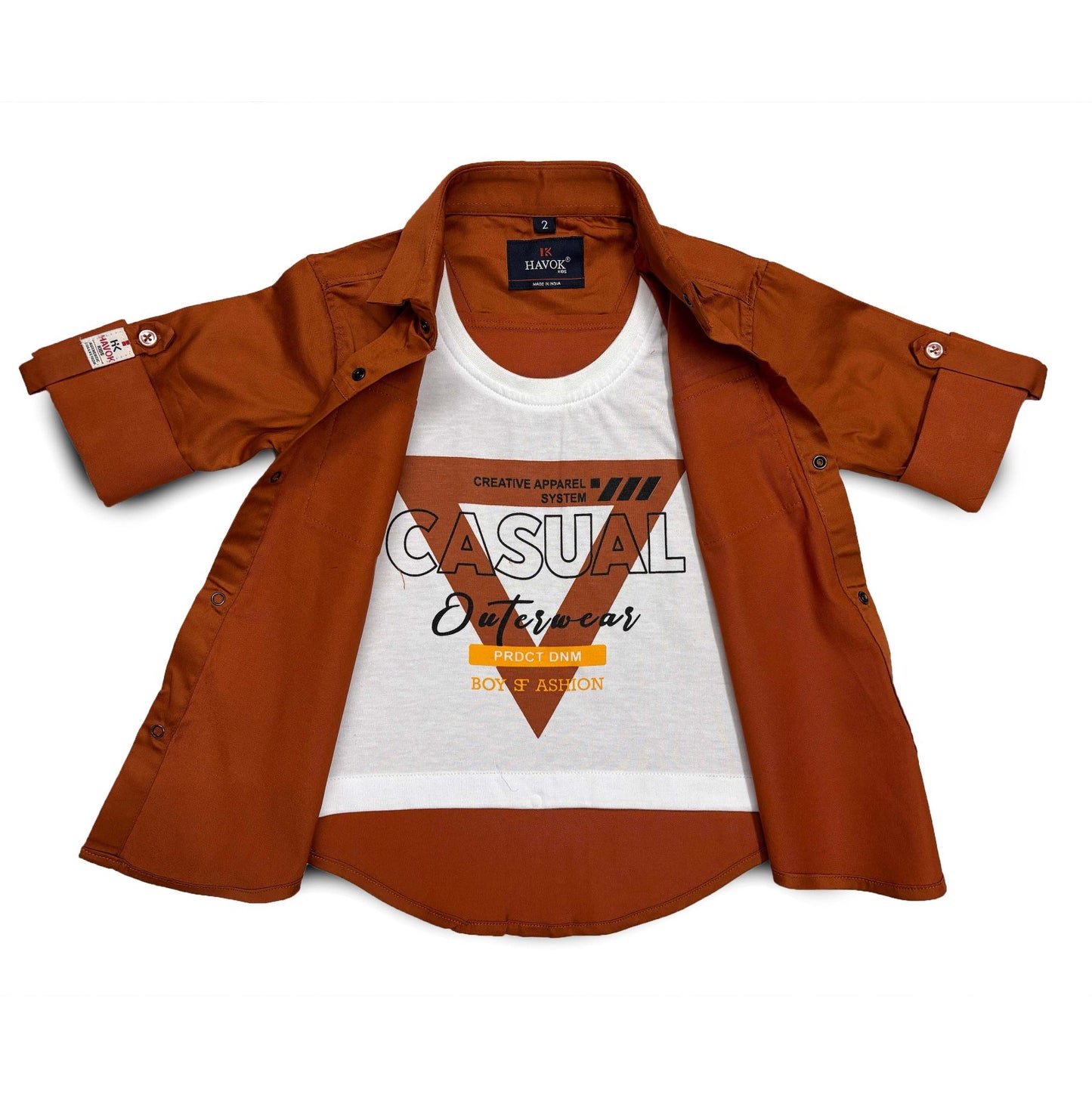 Brown Boys Shirt With Tshirt Collar Shirt with Snap Button