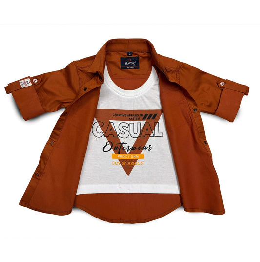 Brown Boys Shirt With Tshirt Collar Shirt with Snap Button