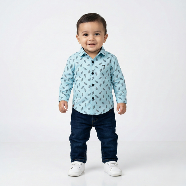 Havok Infant light Blue Shirt with Grey Leaf Pattern Print