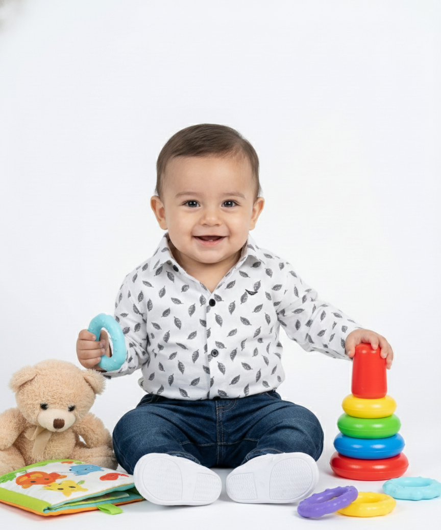 Havok Kids Baby Boys White Shirt with Grey Leaf Pattern Print