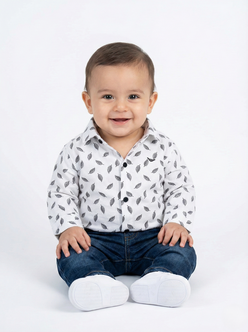 Havok Kids Baby Boys White Shirt with Grey Leaf Pattern Print