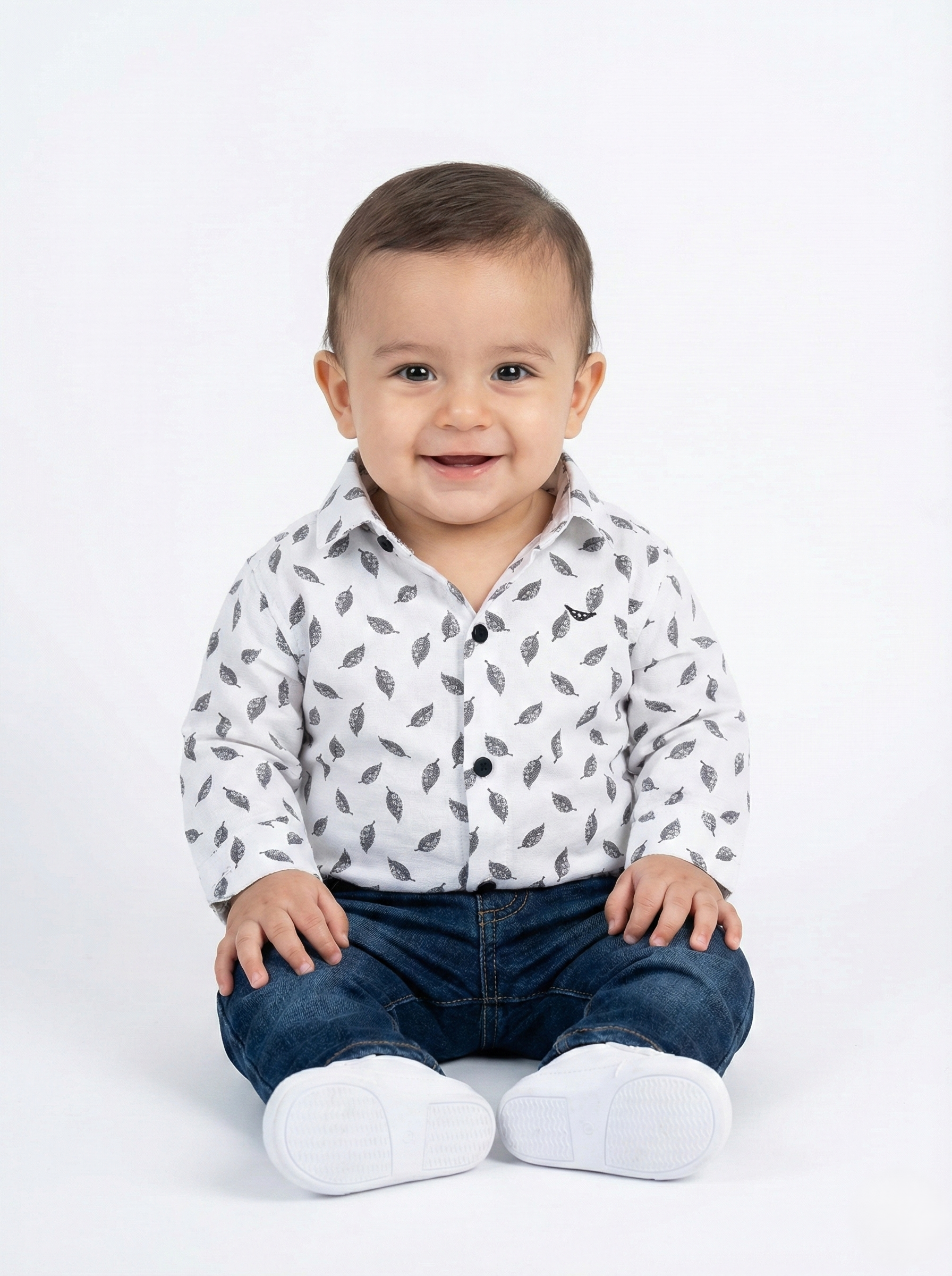 Havok Kids Baby Boys White Shirt with Grey Leaf Pattern Print