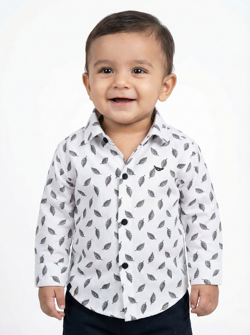 Havok Kids Baby Boys White Shirt with Grey Leaf Pattern Print