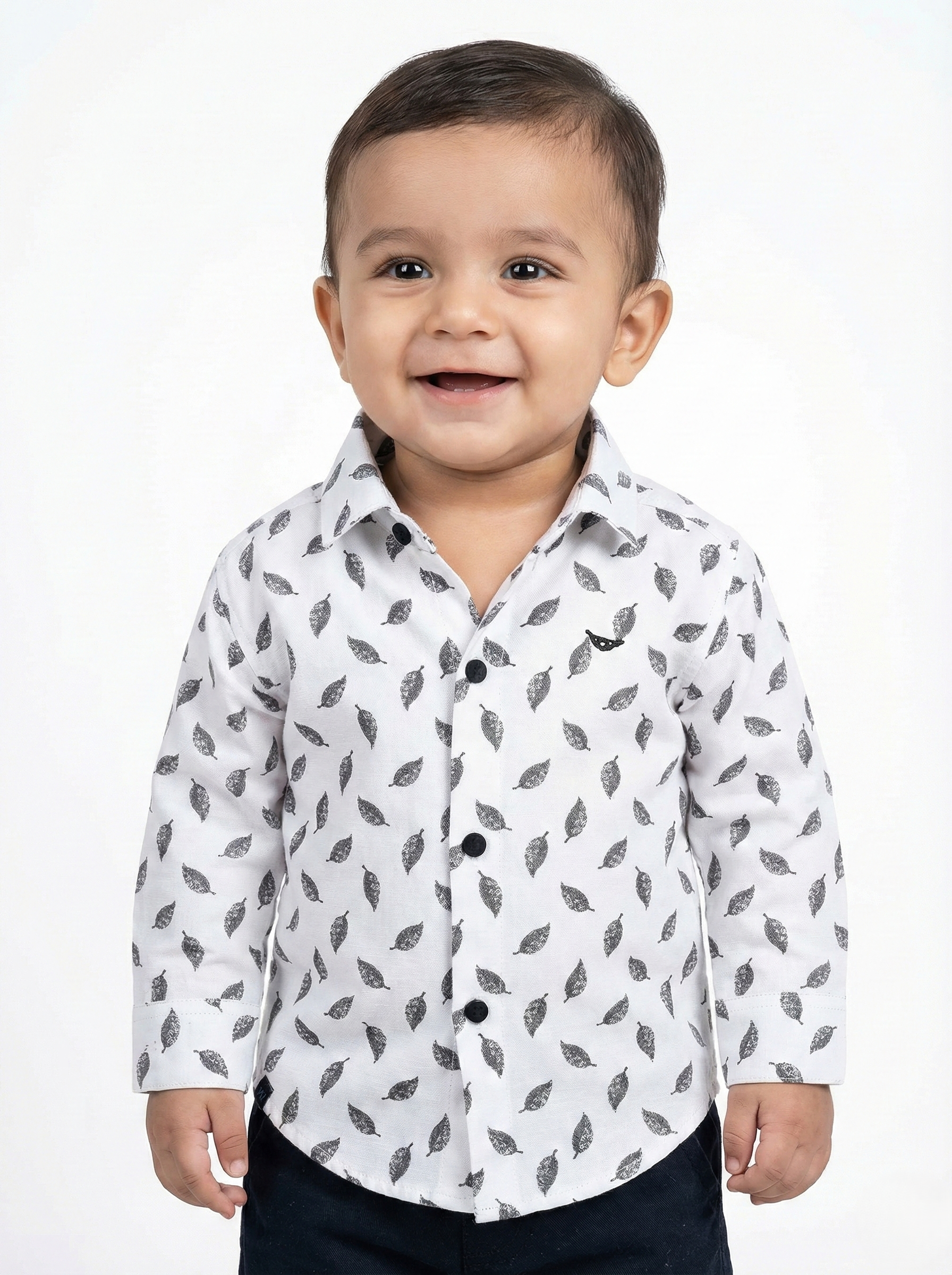Havok Kids Baby Boys White Shirt with Grey Leaf Pattern Print