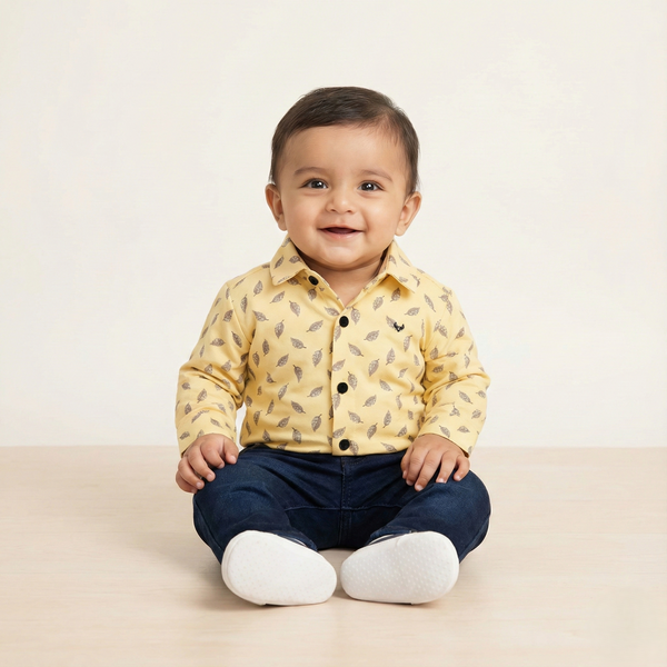 Havok Infant Yellow Shirt with Grey Leaf Pattern Print