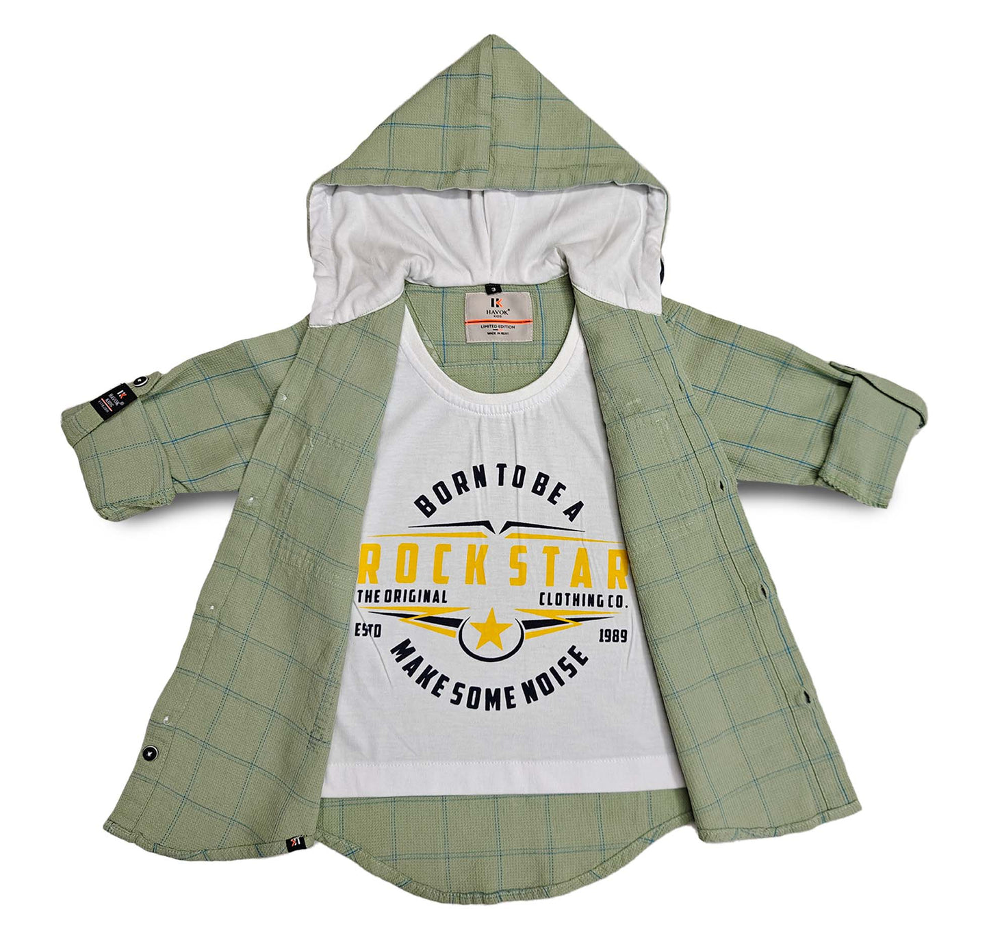 Green Boys Hoodie Full Sleeve Button, Cap Shirt for Kids Boys