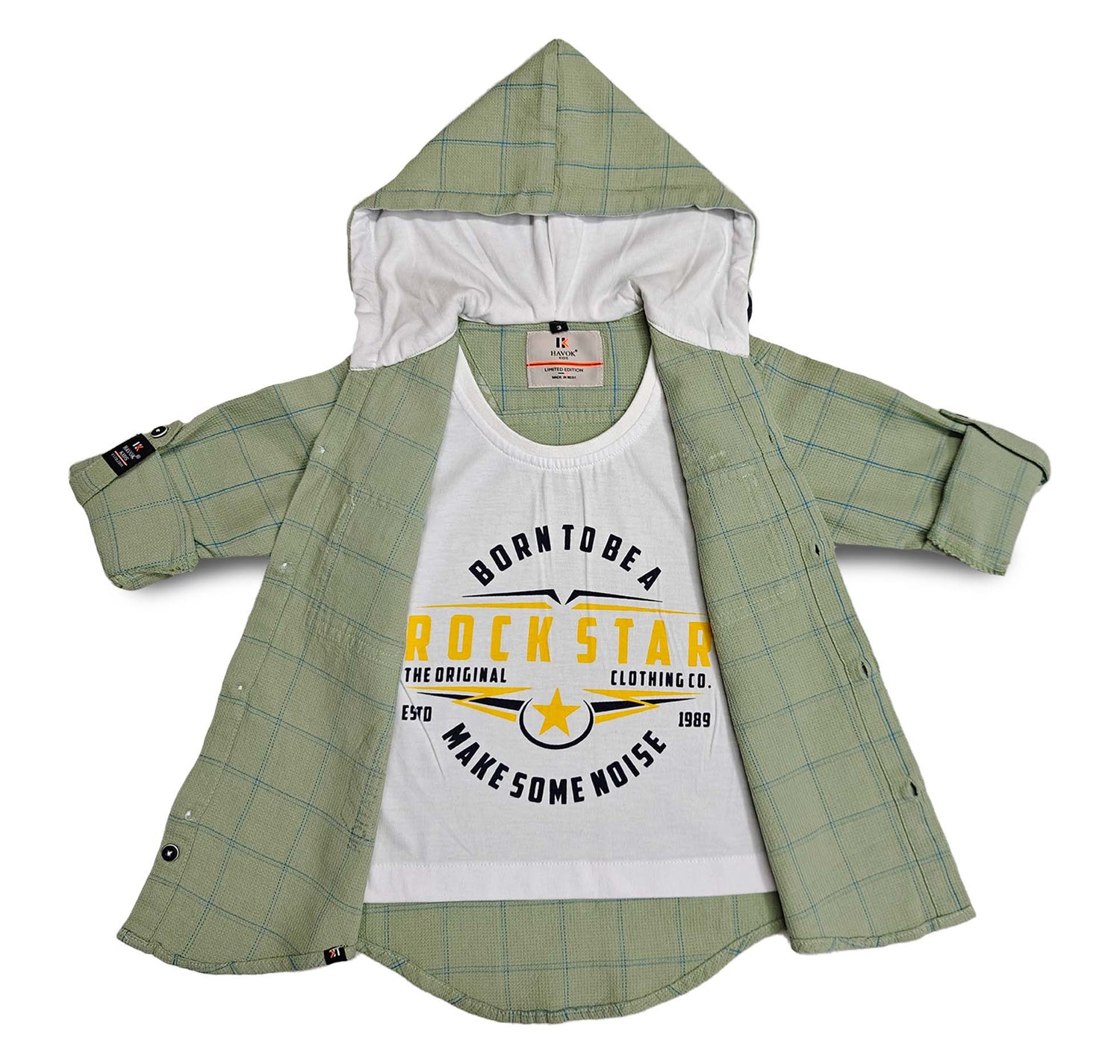 Green Boys Hoodie Full Sleeve Button, Cap Shirt for Kids Boys