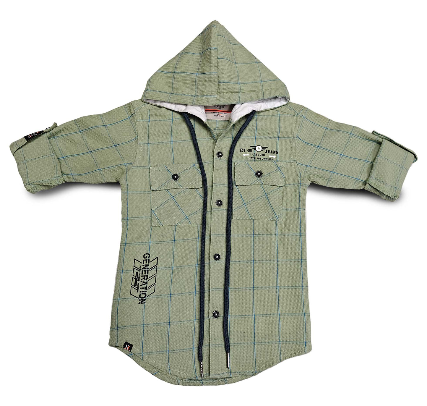 Green Boys Hoodie Full Sleeve Button, Cap Shirt for Kids Boys