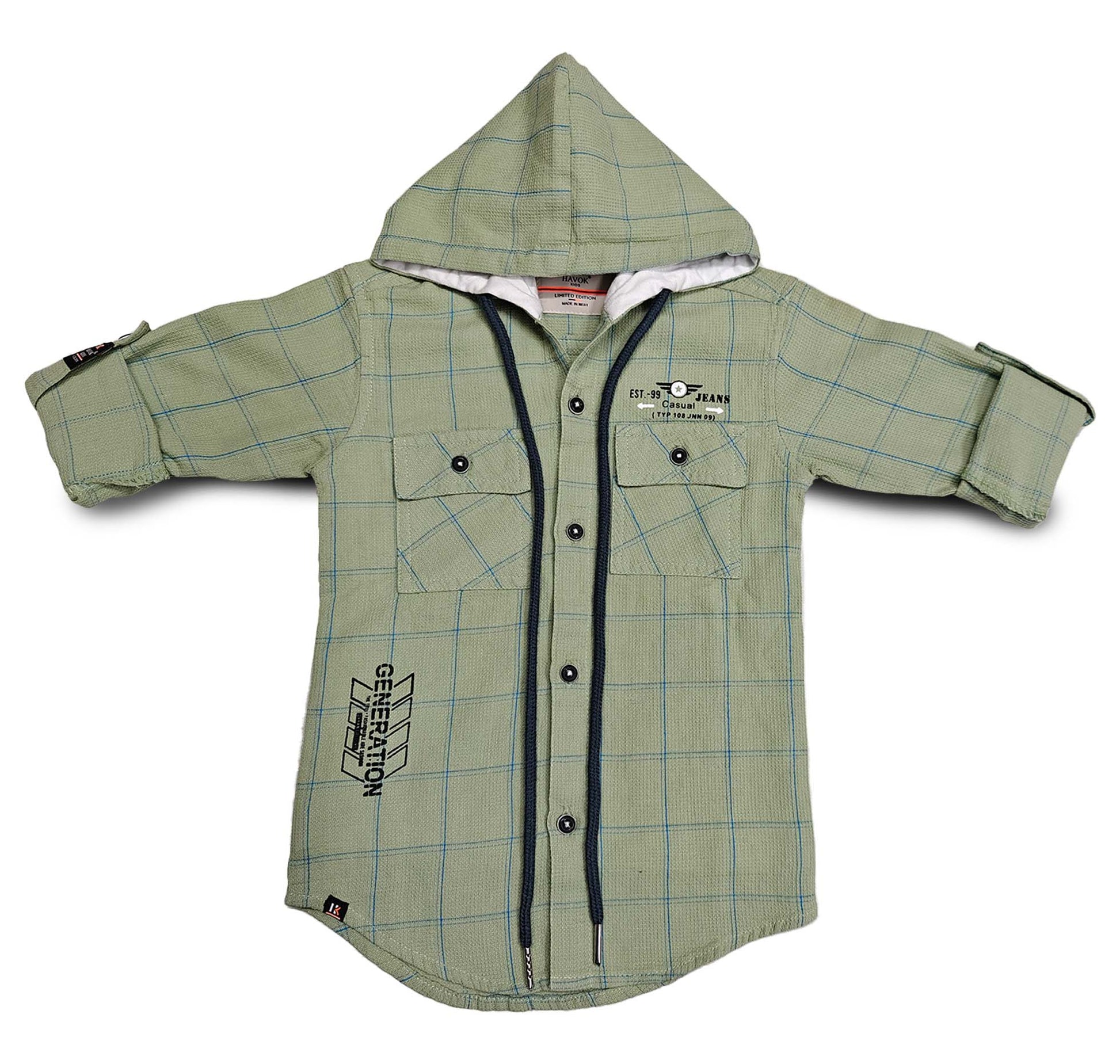 Green Boys Hoodie Full Sleeve Button, Cap Shirt for Kids Boys