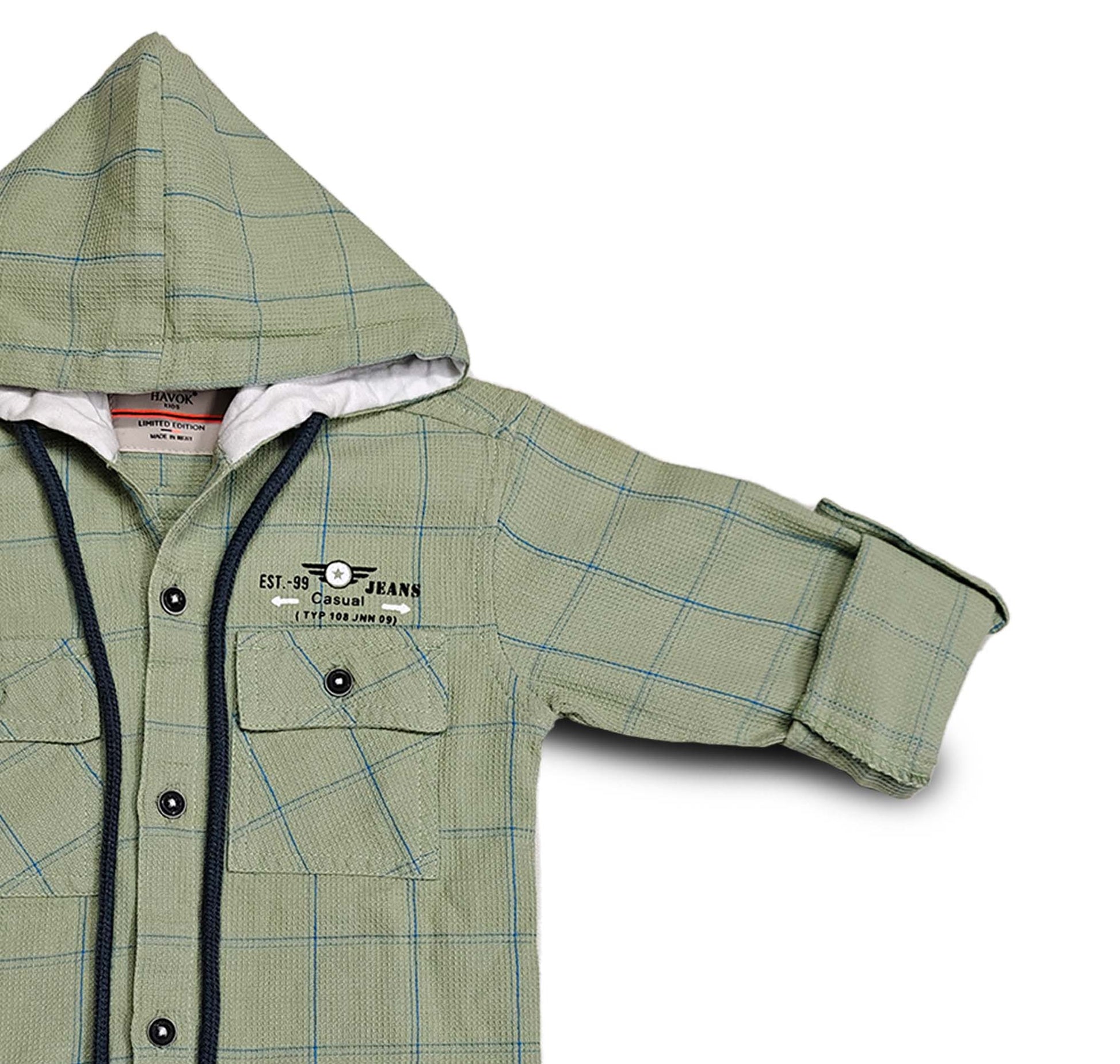 Green Boys Hoodie Full Sleeve Button, Cap Shirt for Kids Boys