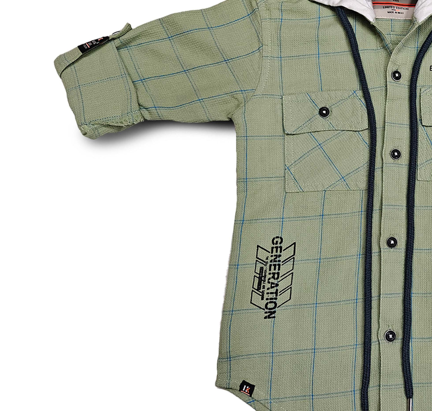 Green Boys Hoodie Full Sleeve Button, Cap Shirt for Kids Boys