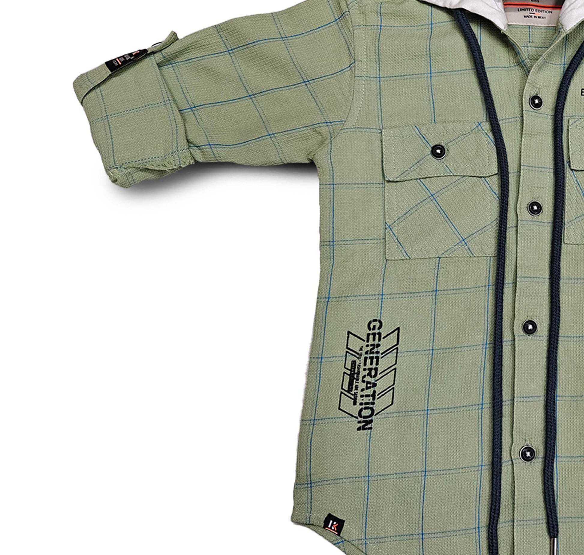 Green Boys Hoodie Full Sleeve Button, Cap Shirt for Kids Boys
