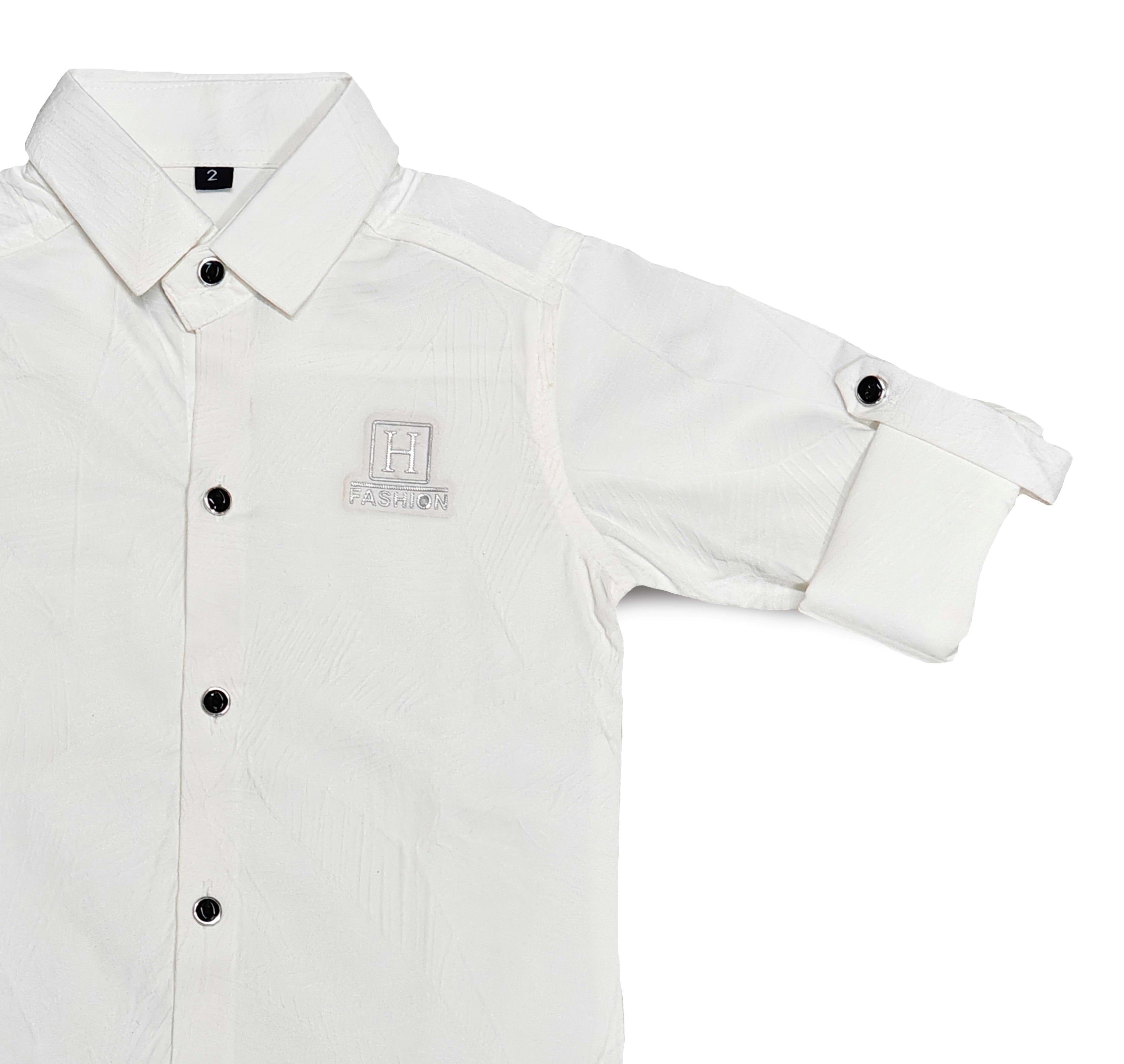 Havok Kids Boys H Logo White Textured Cotton Roll-Up Sleeve Shirt