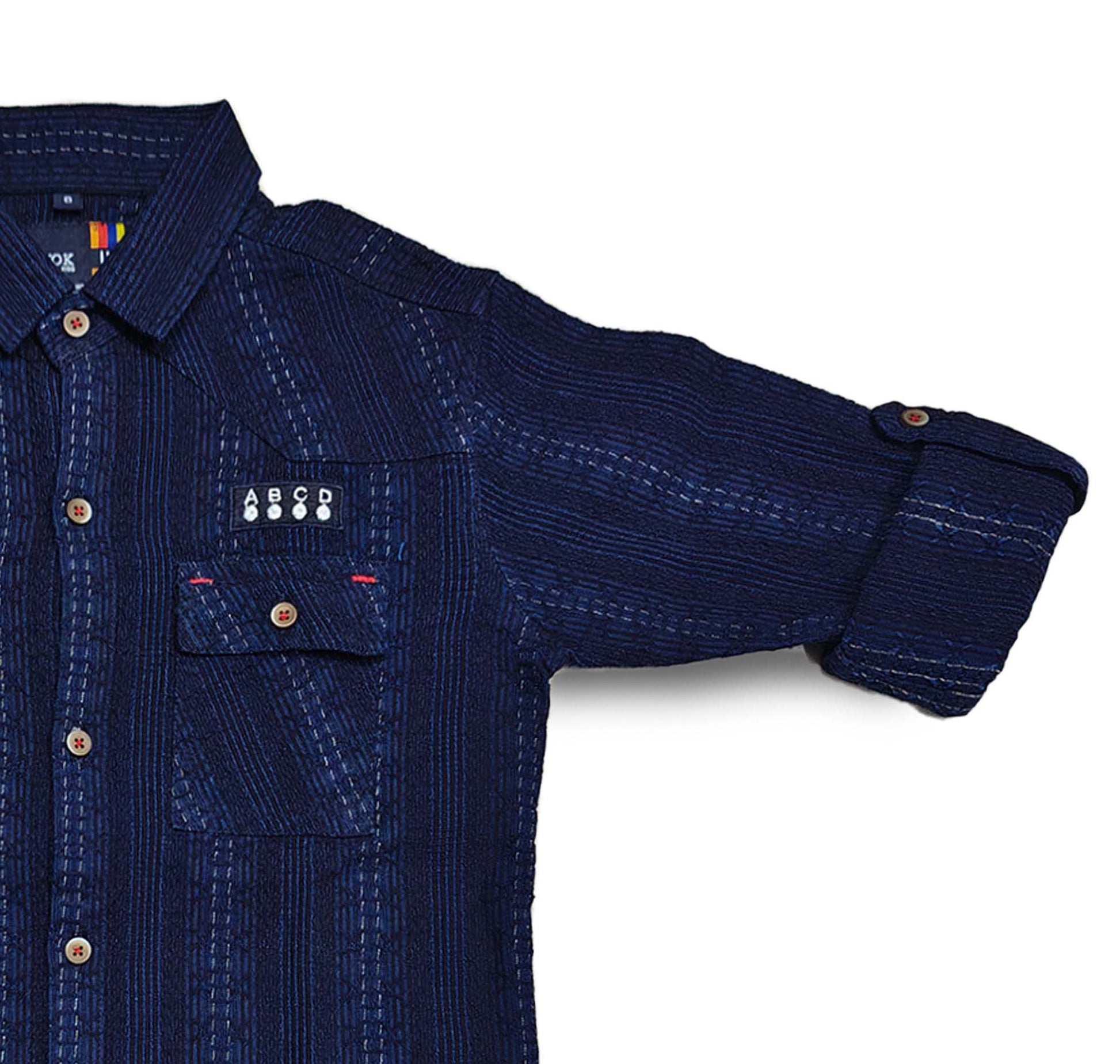 Navy Blue Corduroy Button-Down Shirt, Hand Crafted, Roll-up Sleeves