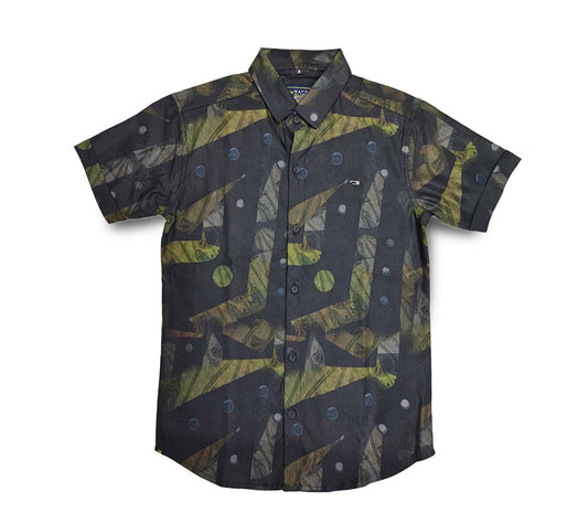 Olive Green Tropical Leaf Print Full Sleeve Button Down Boys Shirt