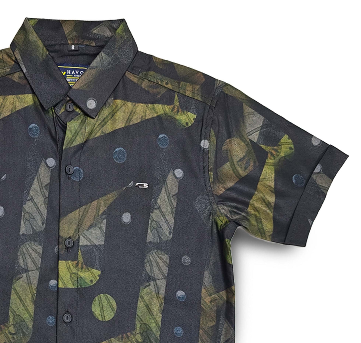 Olive Green Tropical Leaf Print Full Sleeve Button Down Boys Shirt