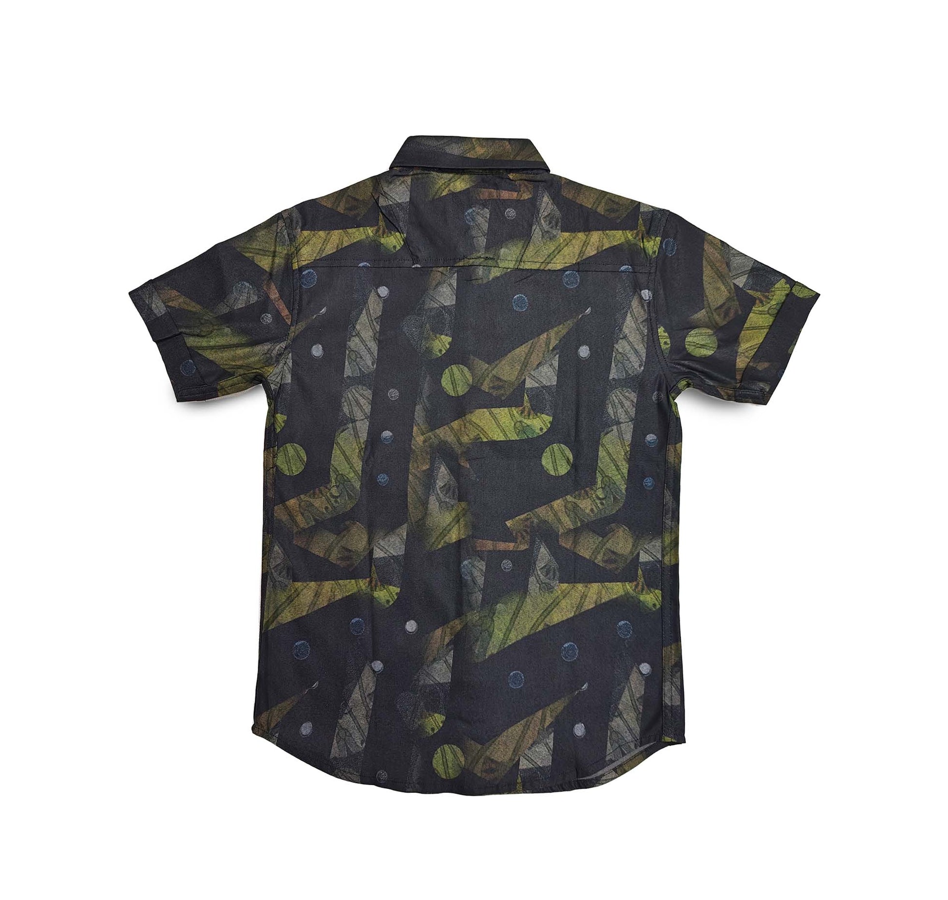 Olive Green Tropical Leaf Print Full Sleeve Button Down Boys Shirt