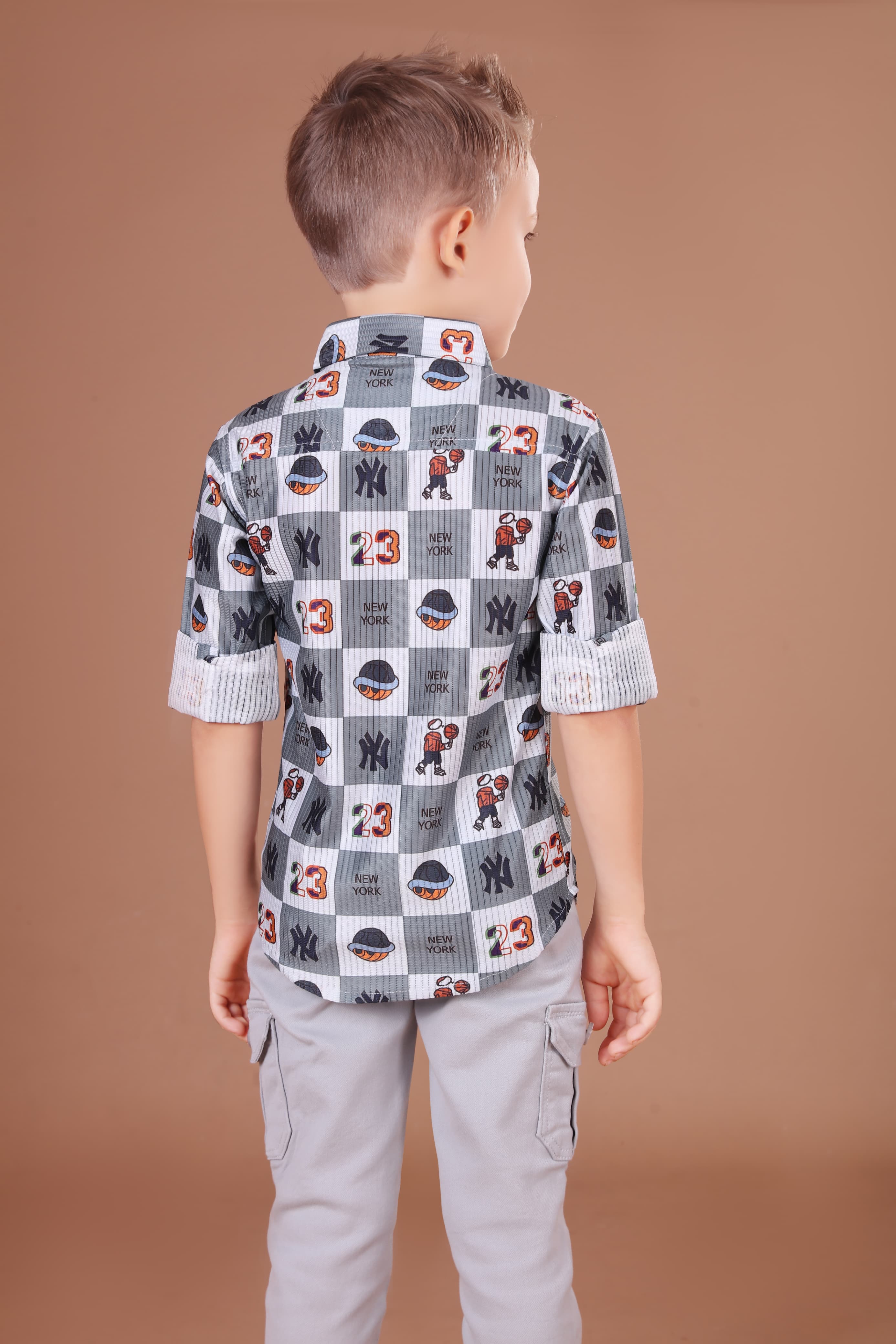 Havok kids | Boys Full Sleeve Button-Down Shirt | Grey Checkered with NY & Basketball Graphics