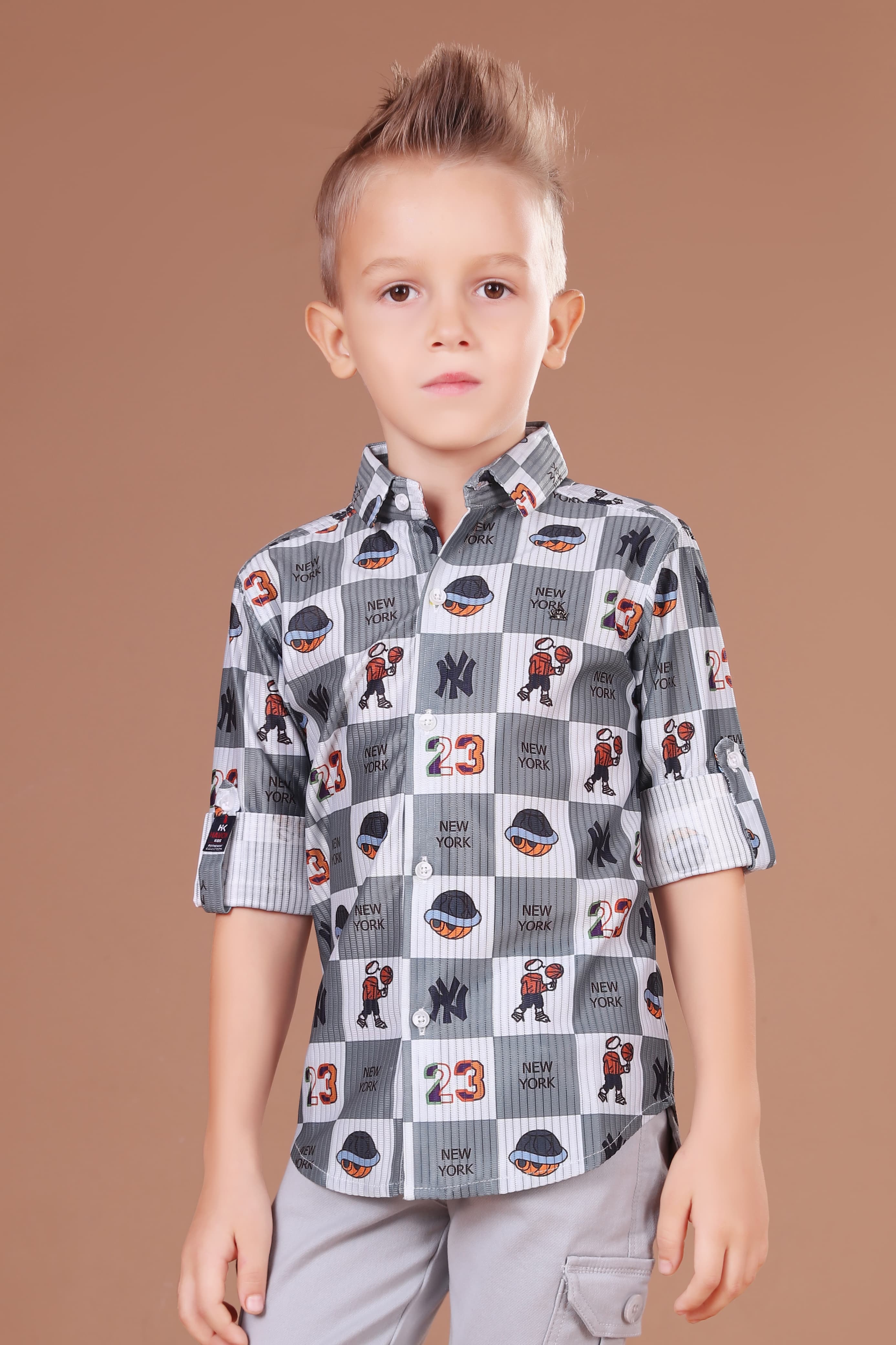 Havok kids | Boys Full Sleeve Button-Down Shirt | Grey Checkered with NY & Basketball Graphics