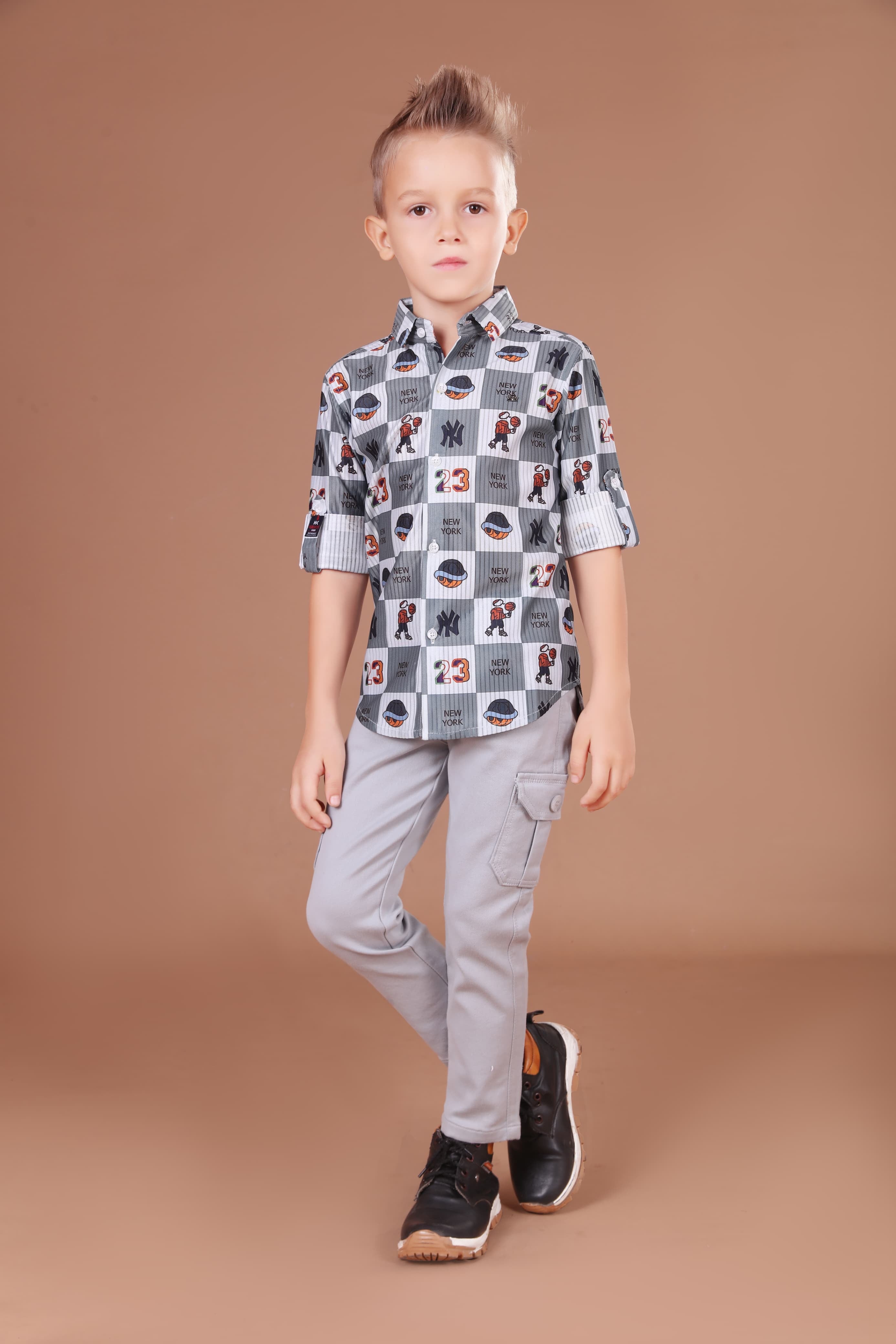 Havok kids | Boys Full Sleeve Button-Down Shirt | Grey Checkered with NY & Basketball Graphics