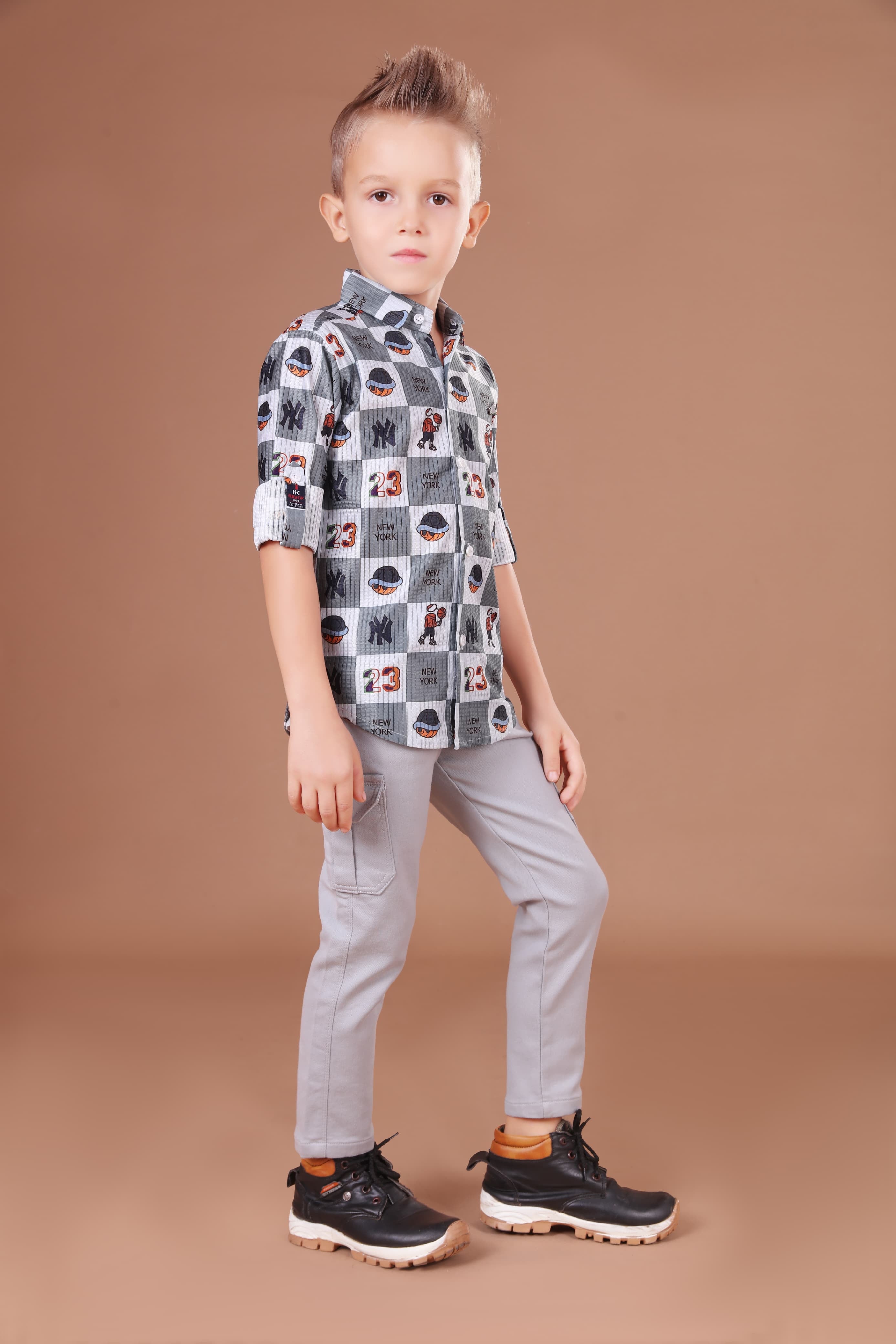 Havok kids | Boys Full Sleeve Button-Down Shirt | Grey Checkered with NY & Basketball Graphics