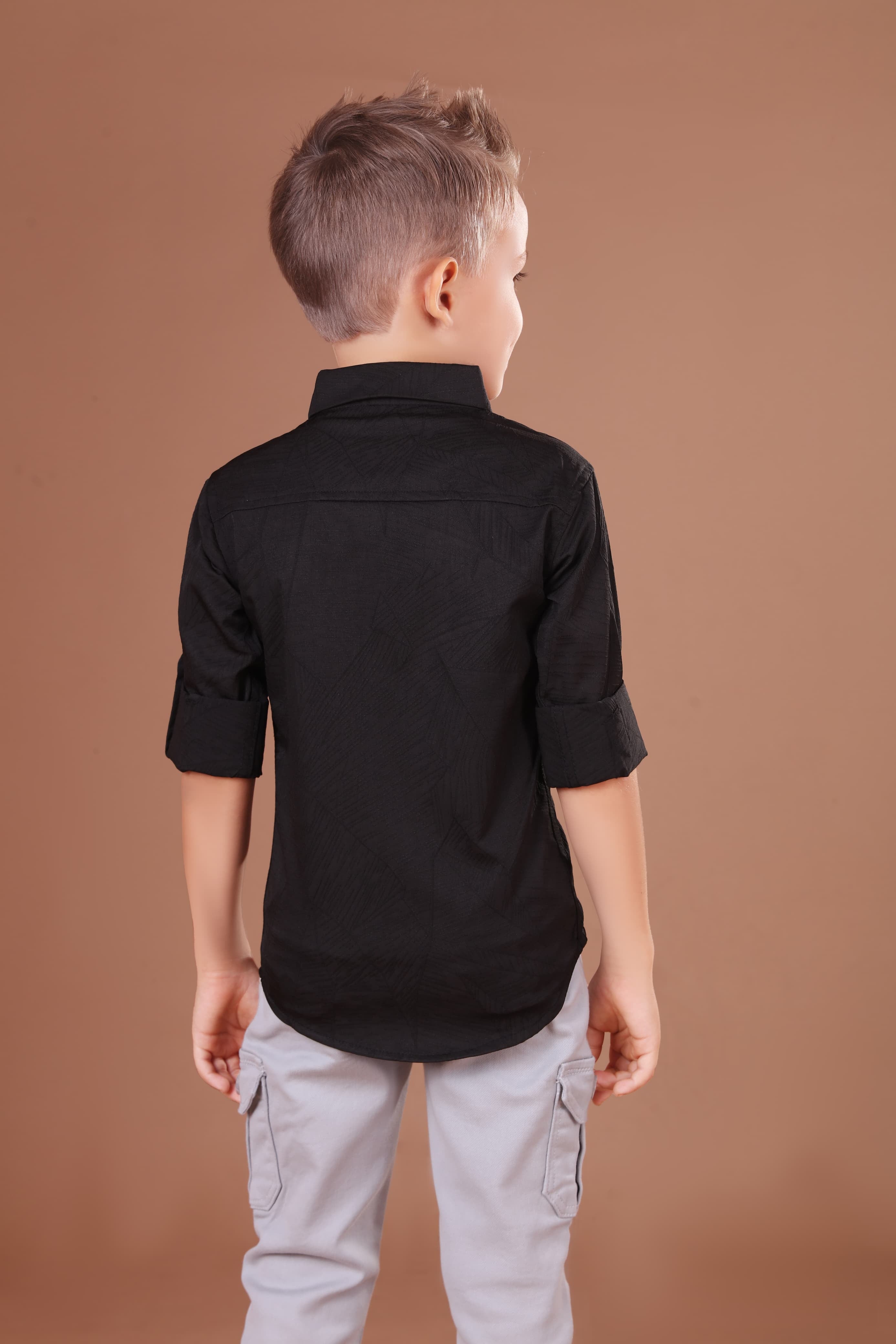Havok Kids Boys H Logo Black Textured Cotton Roll-Up Sleeve Shirt