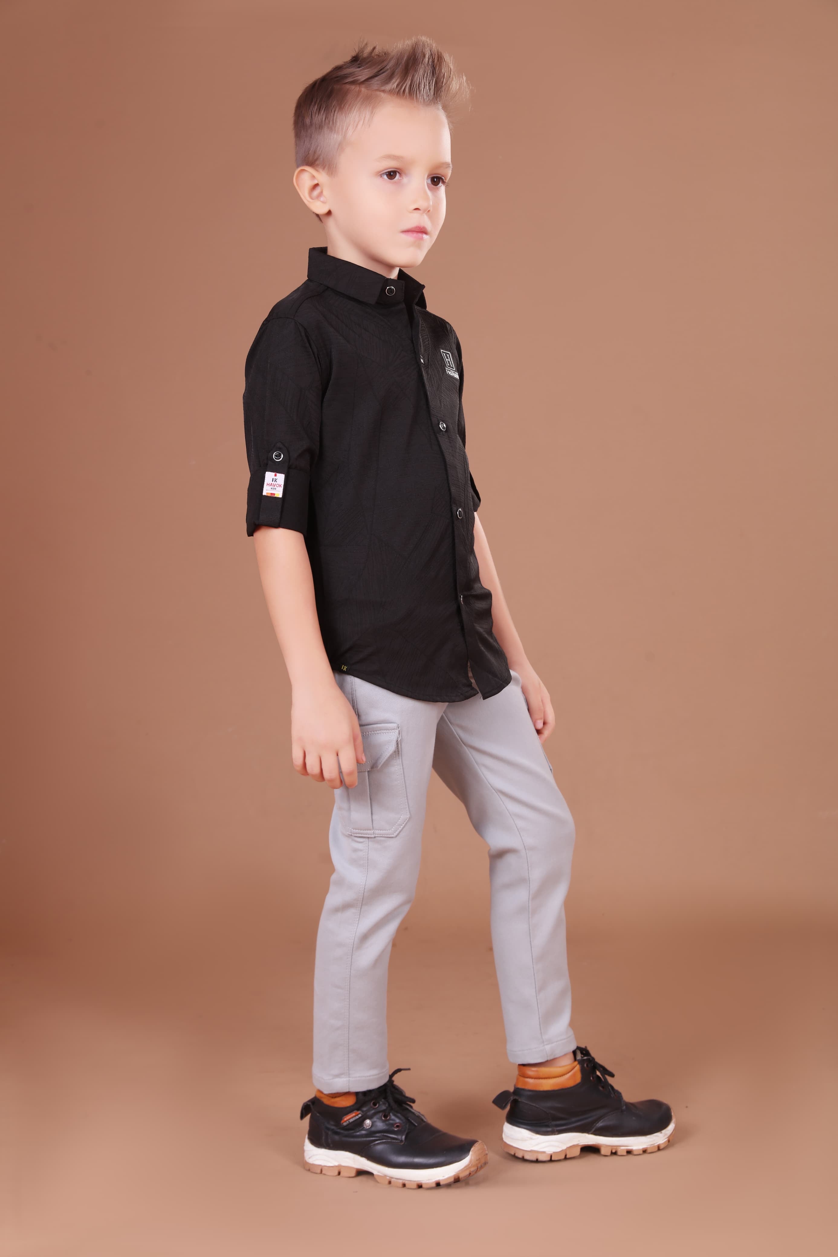 Havok Kids Boys H Logo Black Textured Cotton Roll-Up Sleeve Shirt