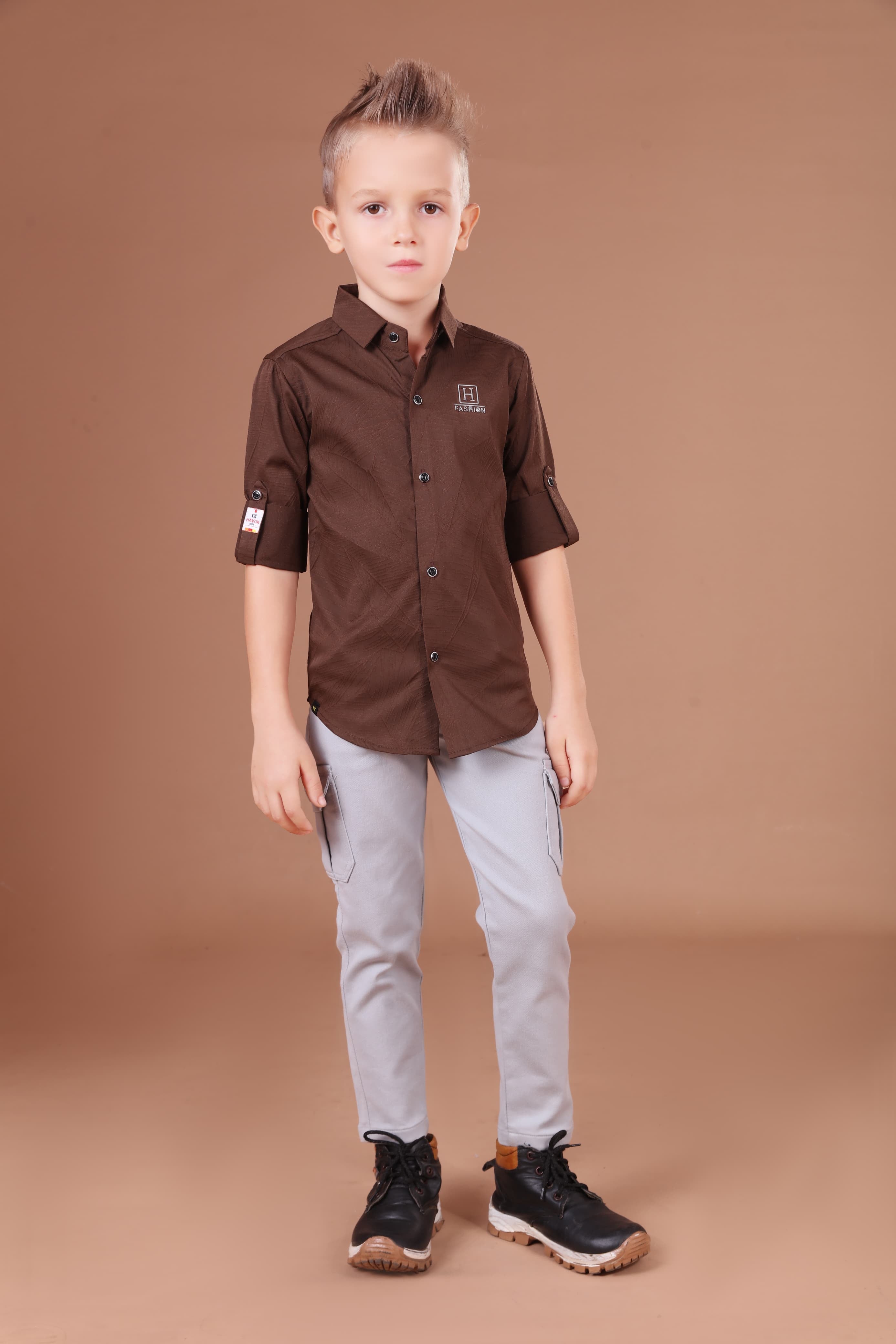 Havok Kids Boys H Logo Brown Textured Cotton Roll-Up Sleeve Shirt
