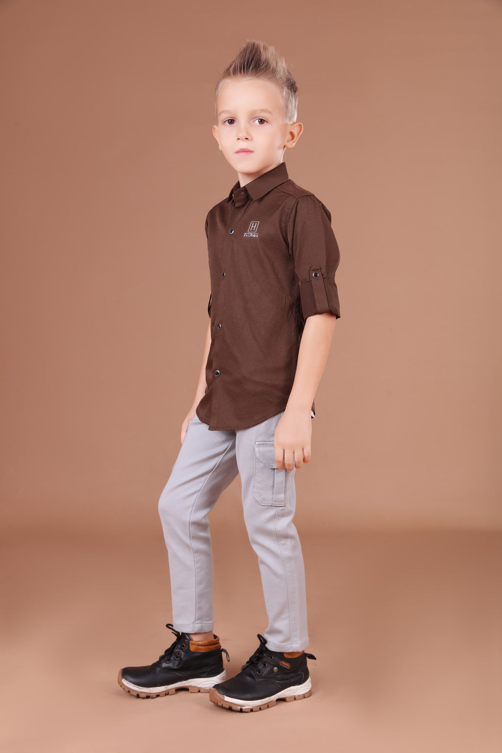 Havok Boys H Logo Brown Textured Cotton Shirt