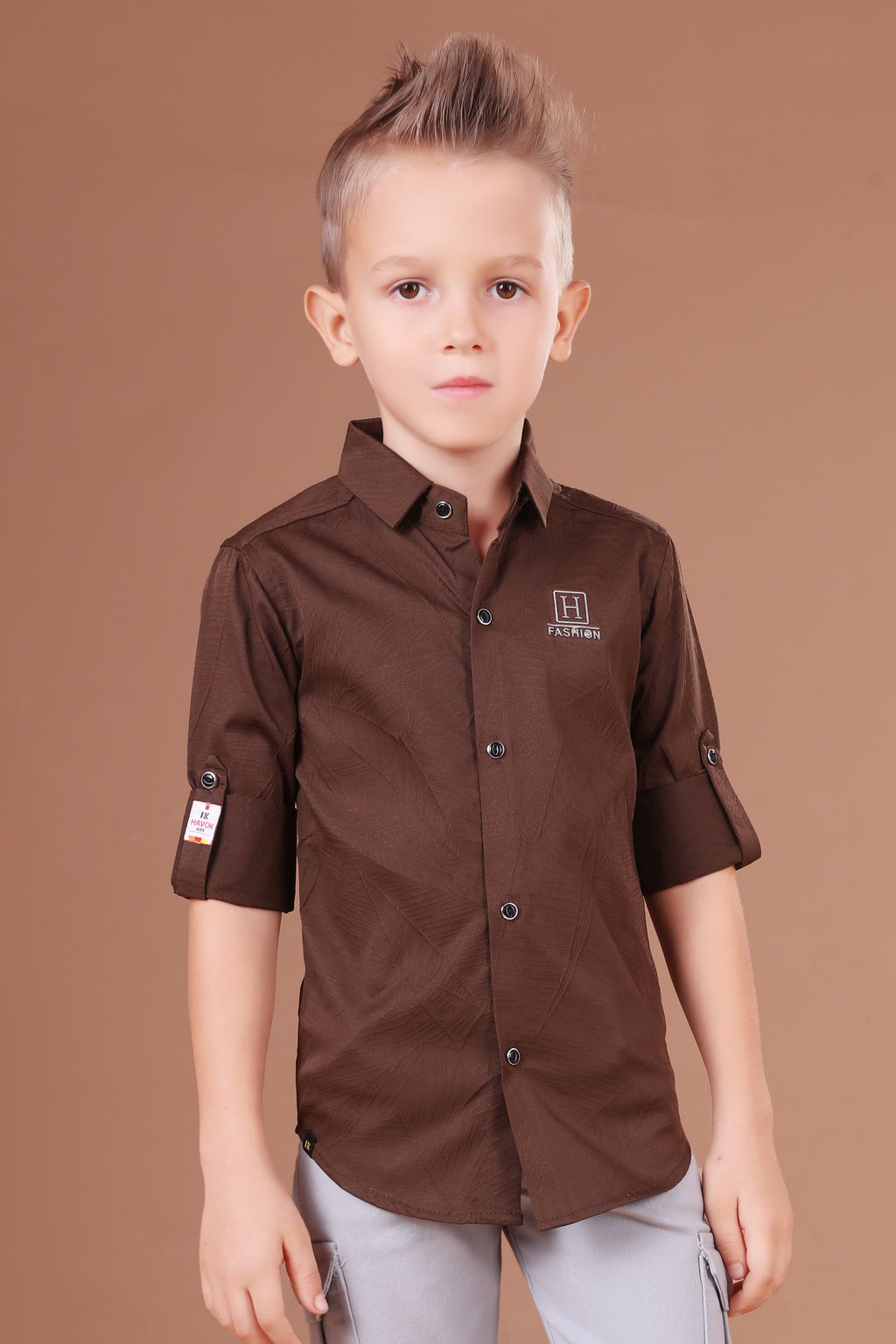 Havok Boys H Logo Brown Textured Cotton Shirt