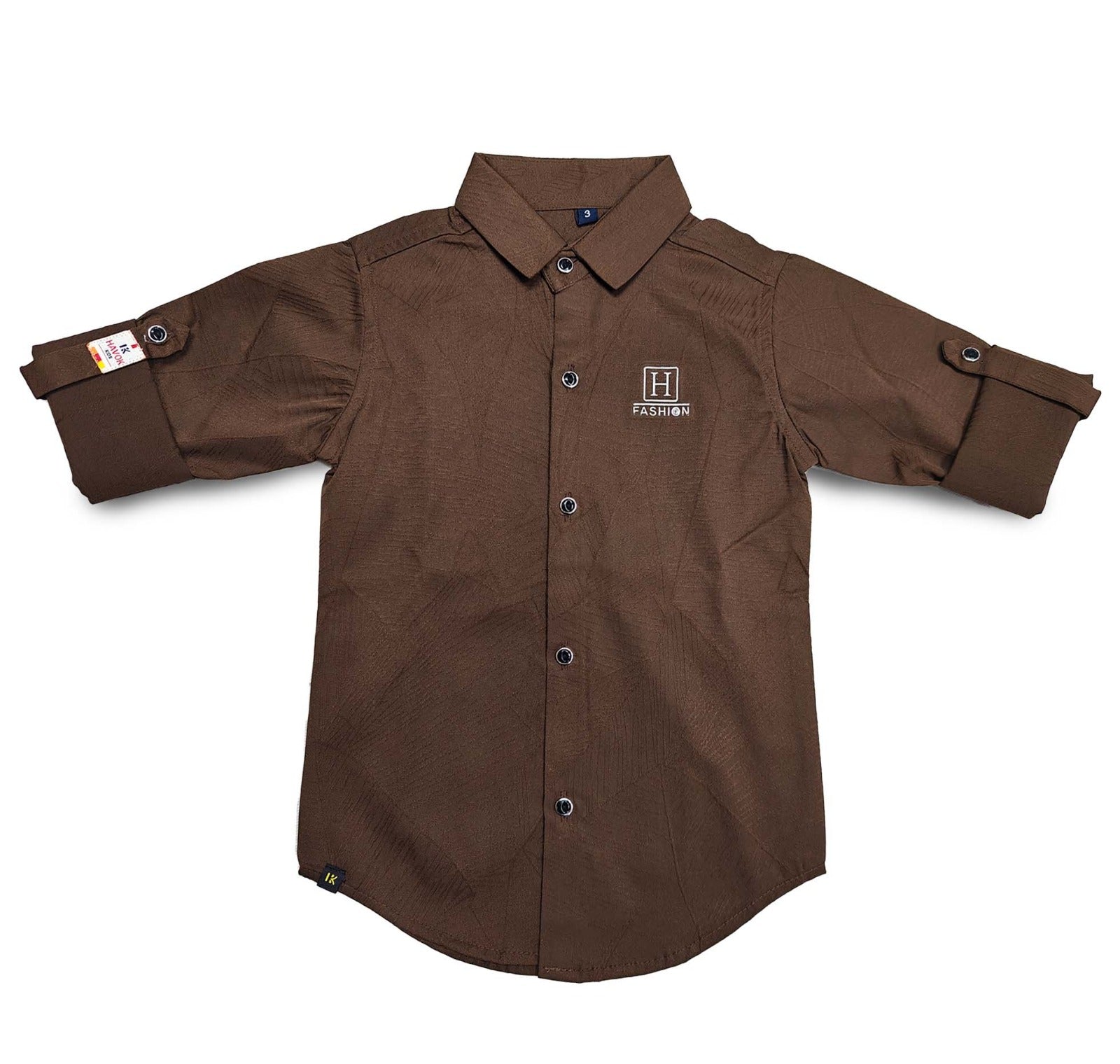 Havok Kids Boys H Logo Brown Textured Cotton Roll-Up Sleeve Shirt