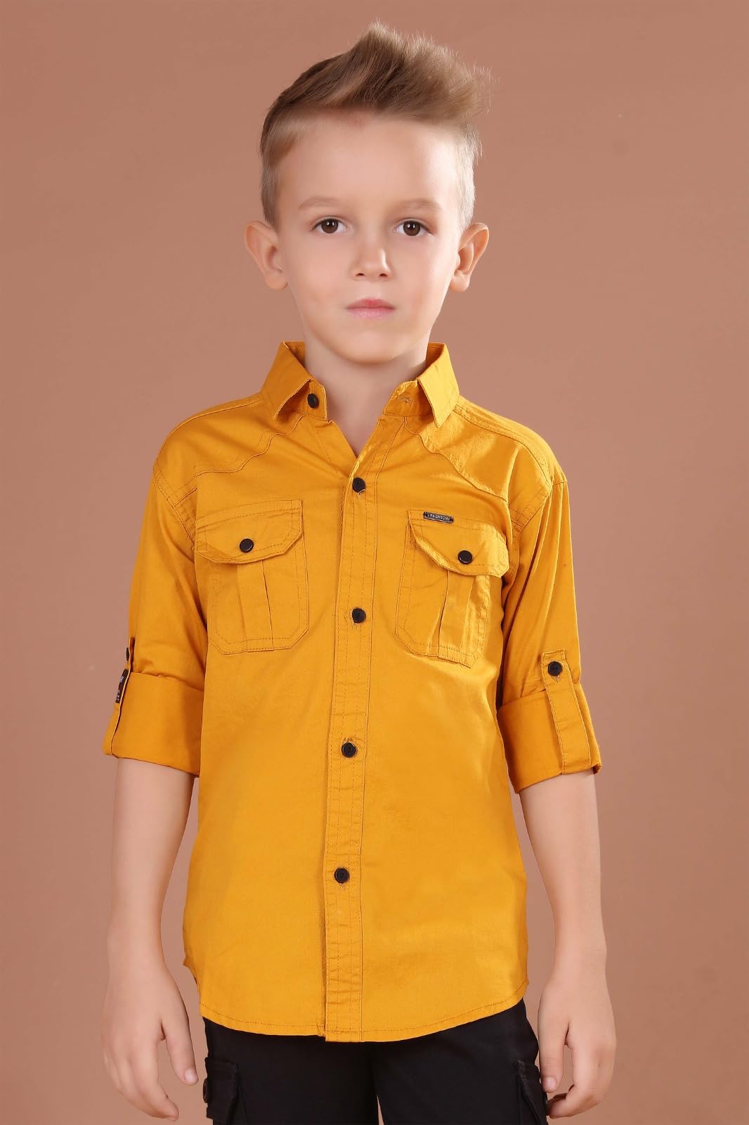 Youth Button-Down Shirt with Roll-Up Sleeves, Mustard Yellow, Dual Front Pockets