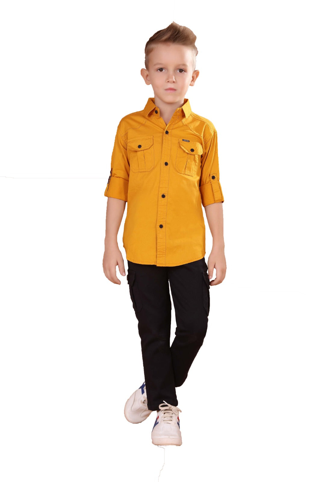 Youth Button-Down Shirt with Roll-Up Sleeves, Mustard Yellow, Dual Front Pockets