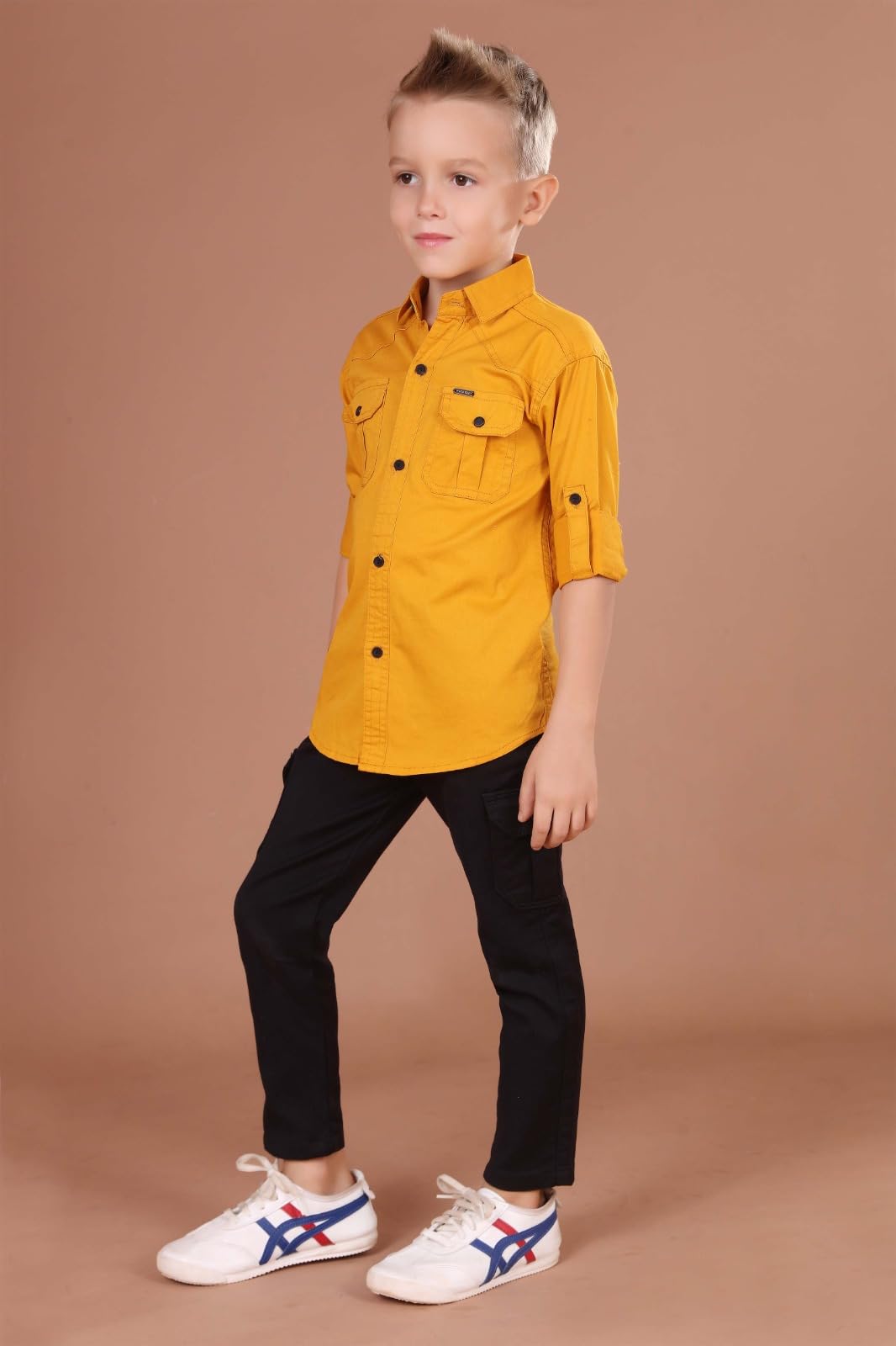 Youth Button-Down Shirt with Roll-Up Sleeves, Mustard Yellow, Dual Front Pockets