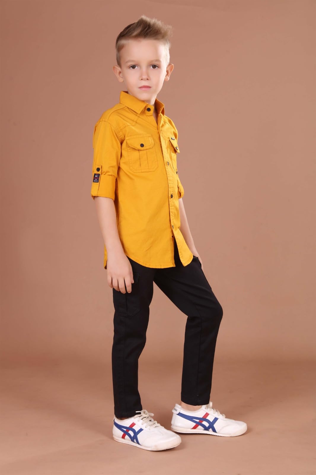 Youth Button-Down Shirt with Roll-Up Sleeves, Mustard Yellow, Dual Front Pockets