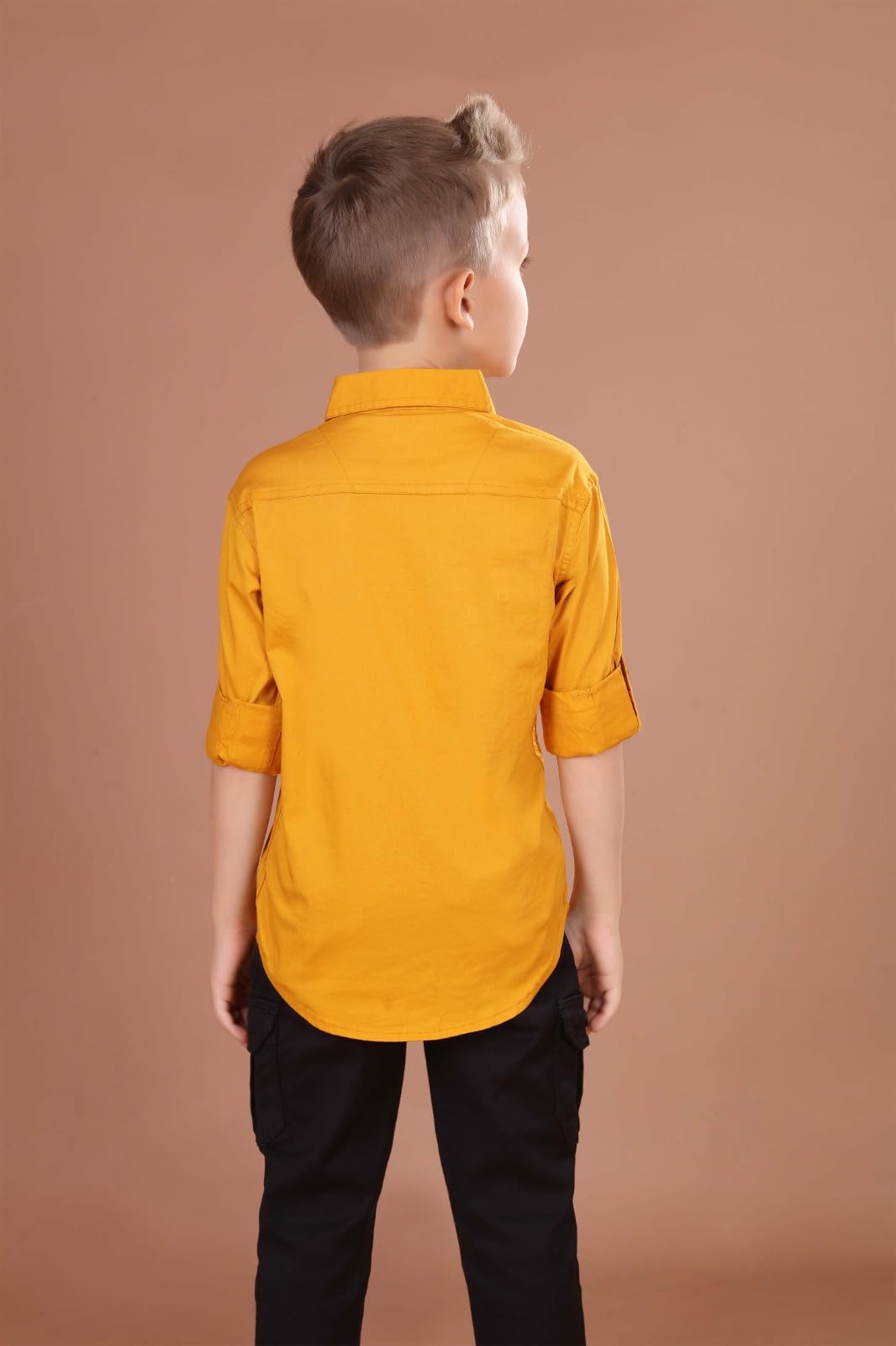 Youth Button-Down Shirt with Roll-Up Sleeves, Mustard Yellow, Dual Front Pockets