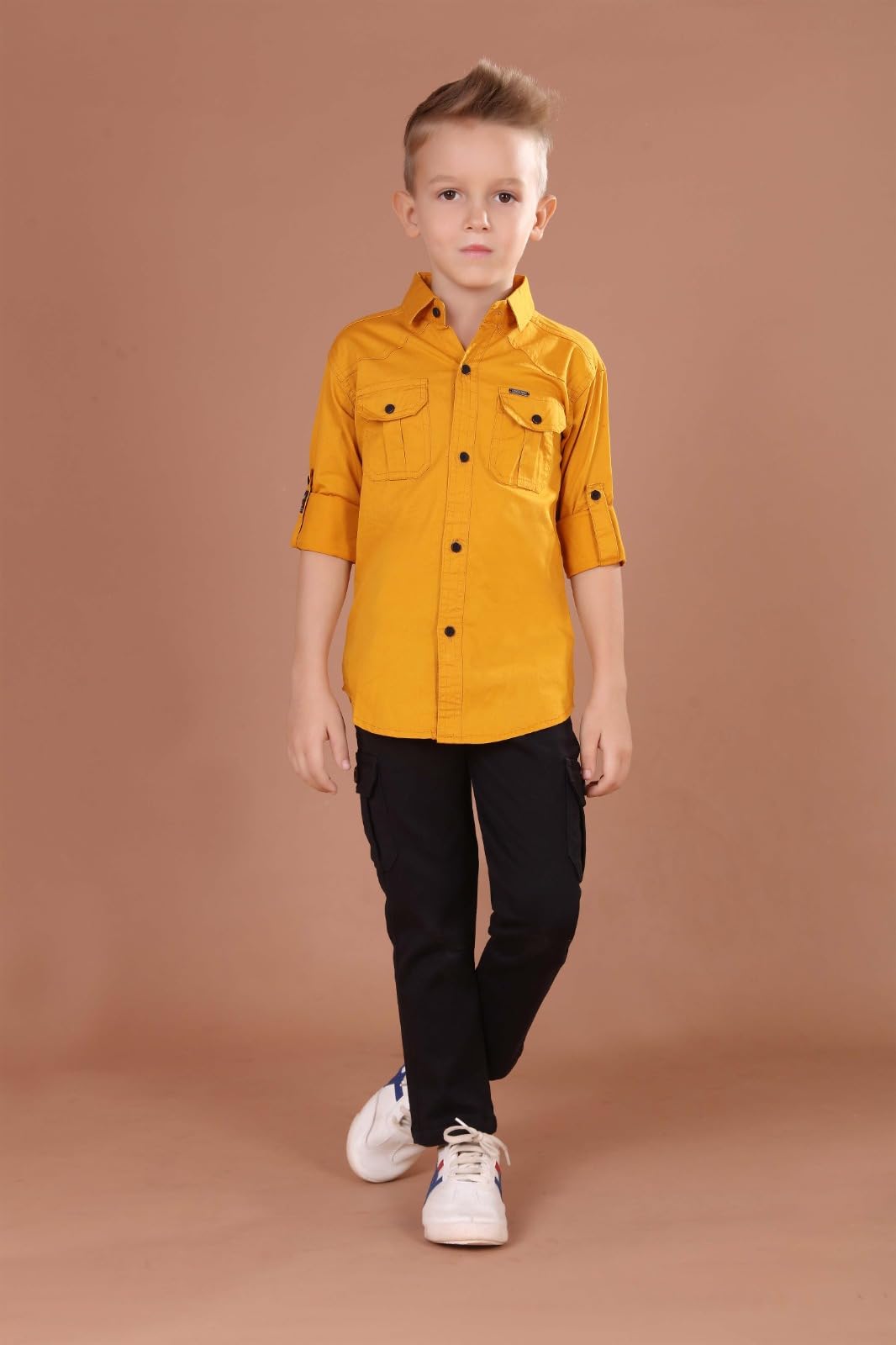 Youth Button-Down Shirt with Roll-Up Sleeves, Mustard Yellow, Dual Front Pockets