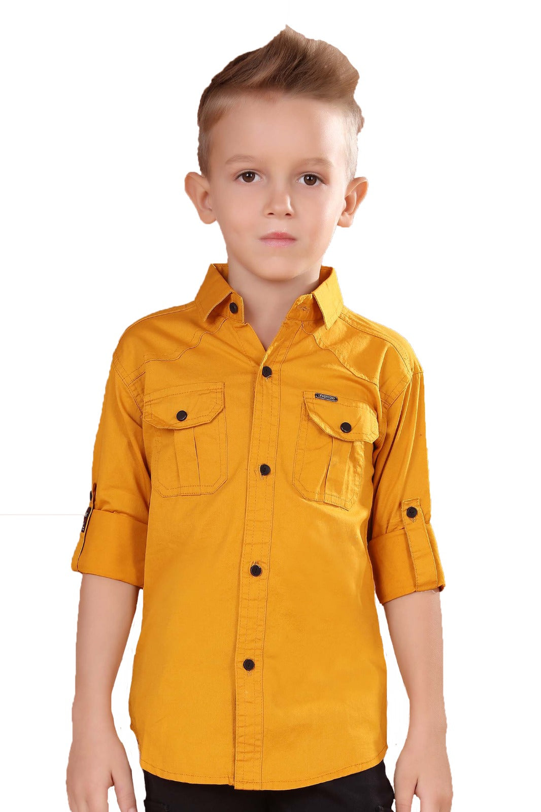 Youth Button-Down Shirt with Roll-Up Sleeves, Mustard Yellow, Dual Front Pockets