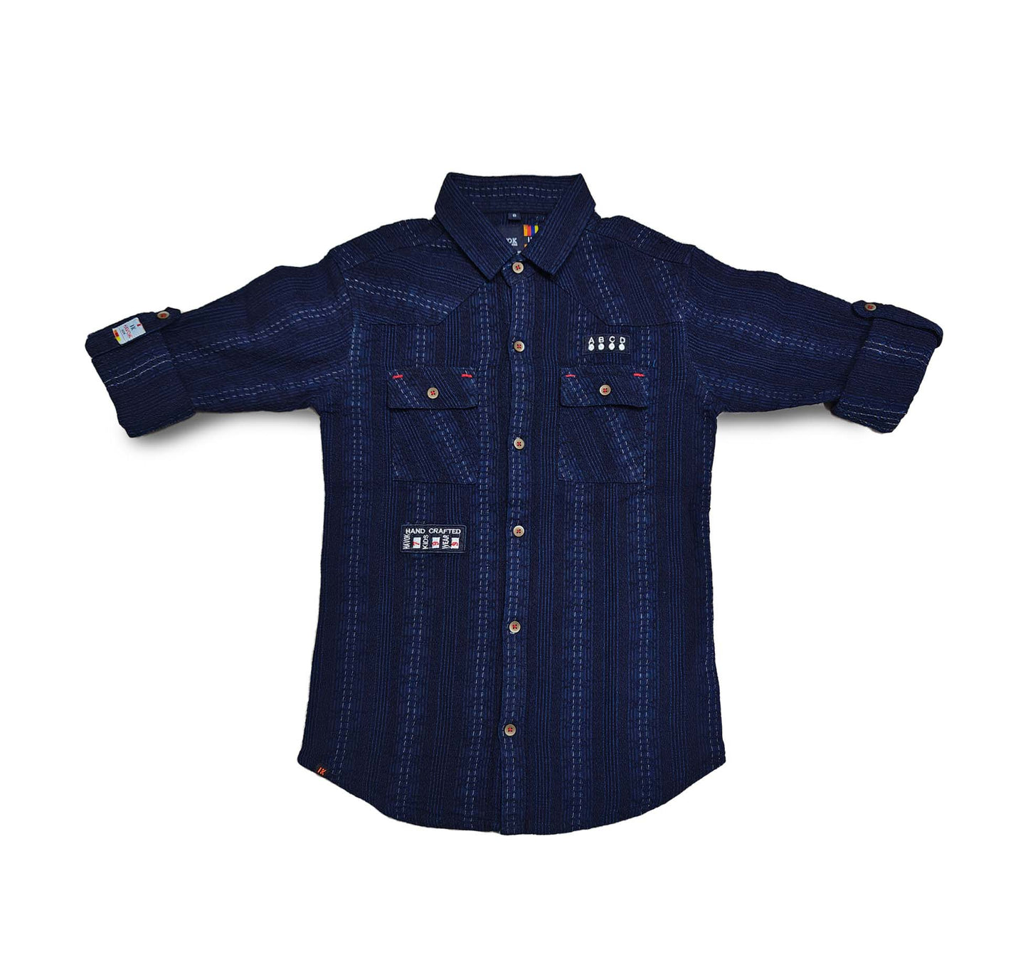 Navy Blue Corduroy Button-Down Shirt, Hand Crafted, Roll-up Sleeves