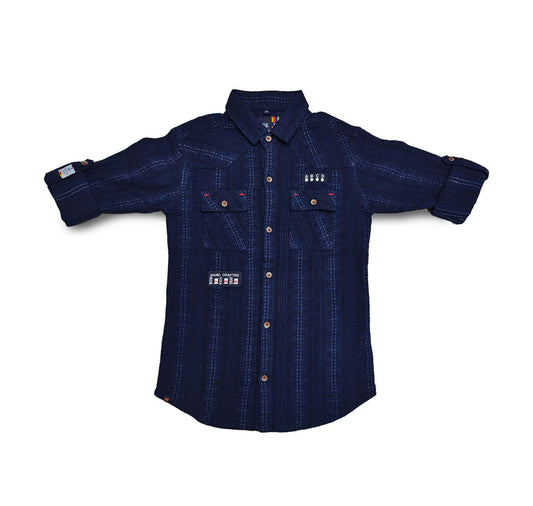 Navy Blue Corduroy Button-Down Shirt, Hand Crafted, Roll-up Sleeves